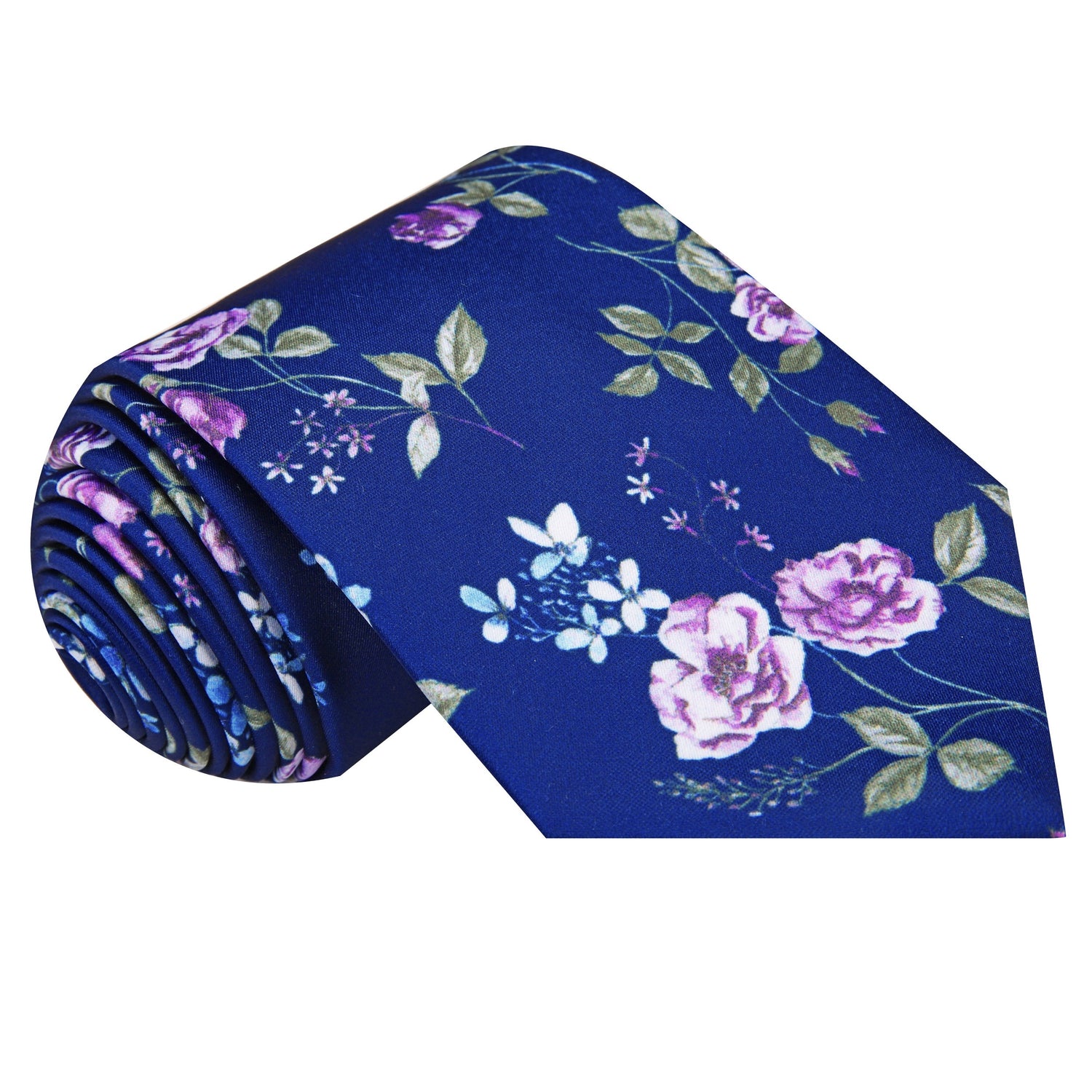 Single Tie: Blue, Green, White Flowers Necktie  