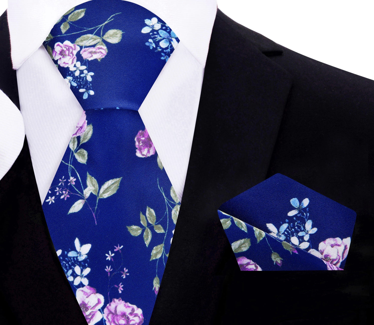 Blue, Green, White Flowers Necktie and Matching Square
