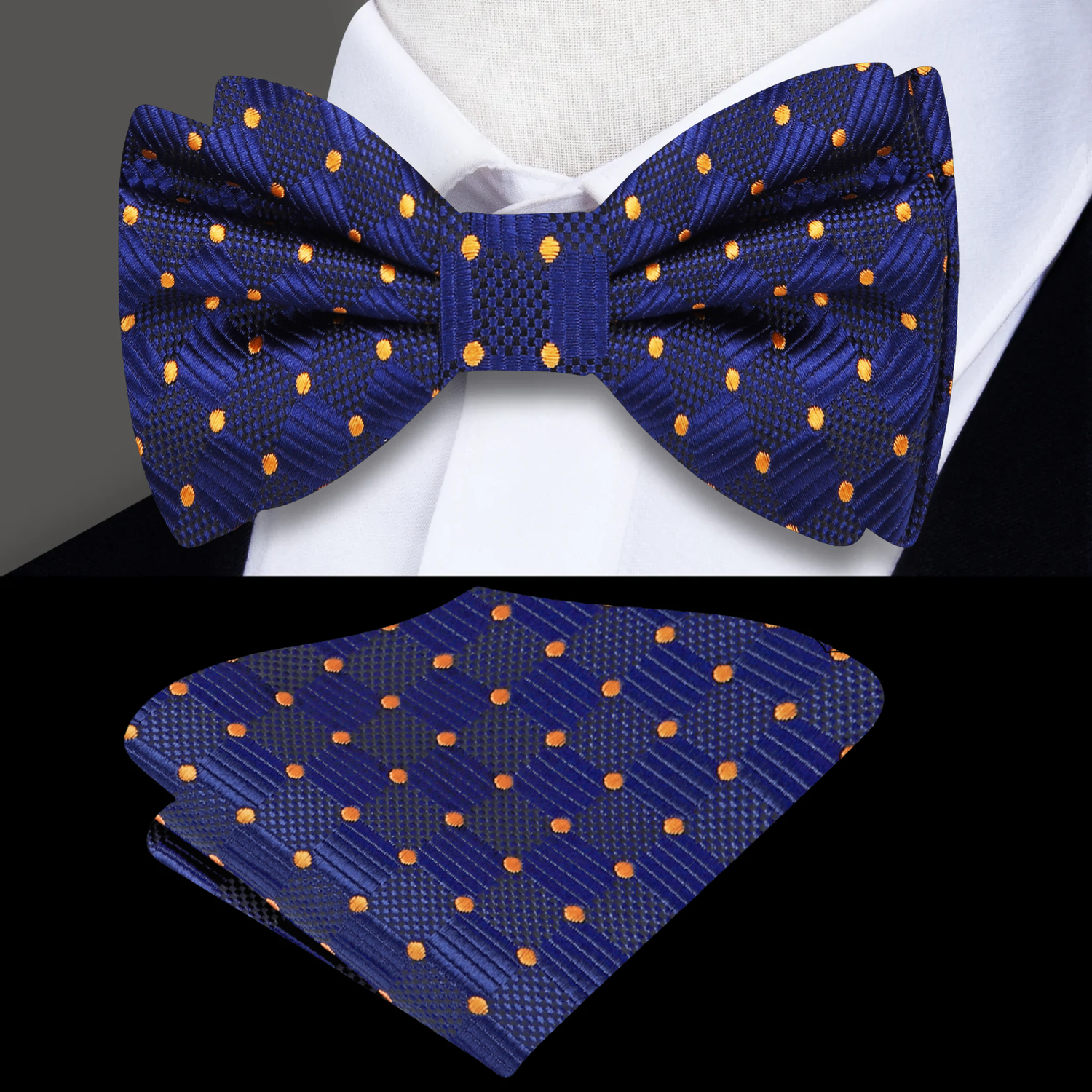 Main View A Blue, Orange Geometric With Dots Pattern Silk Pre Tied Bow Tie, Matching Pocket Square||Dark Blue, Orange