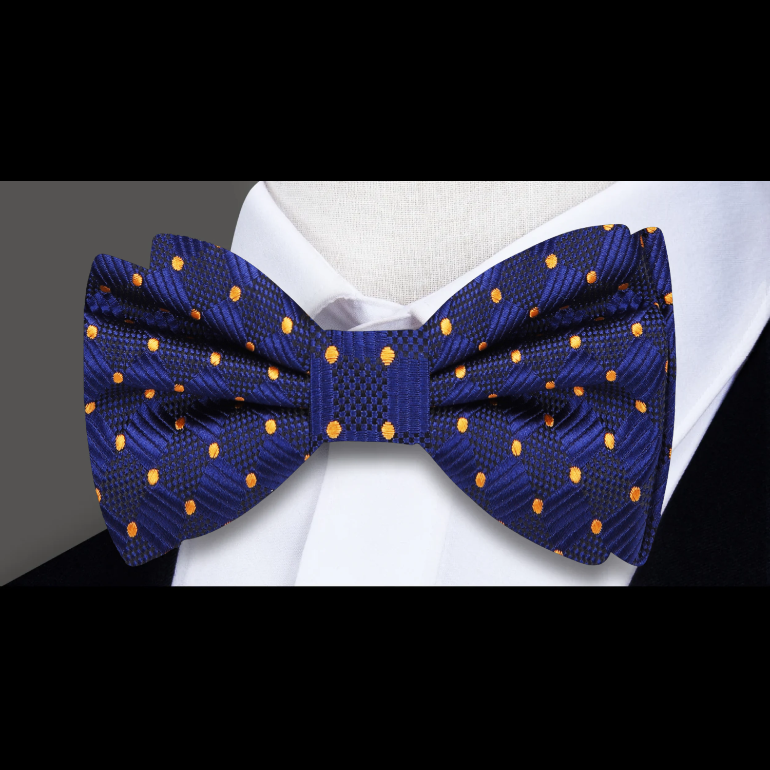 A Blue, Orange Geometric With Dots Pattern Silk Pre Tied Bow Tie 