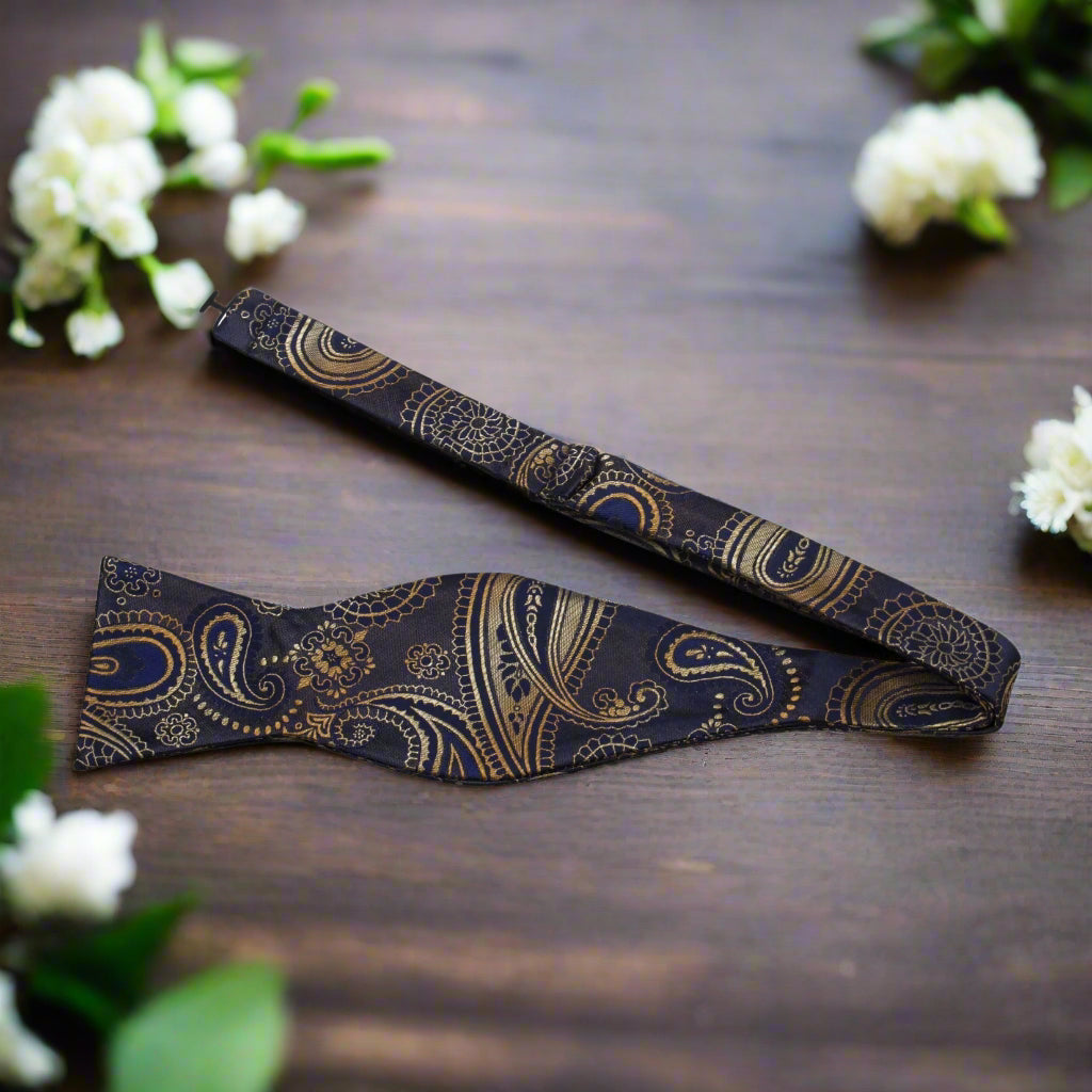 Dark Blue, Gold Paisley Self Tie Bow Tie