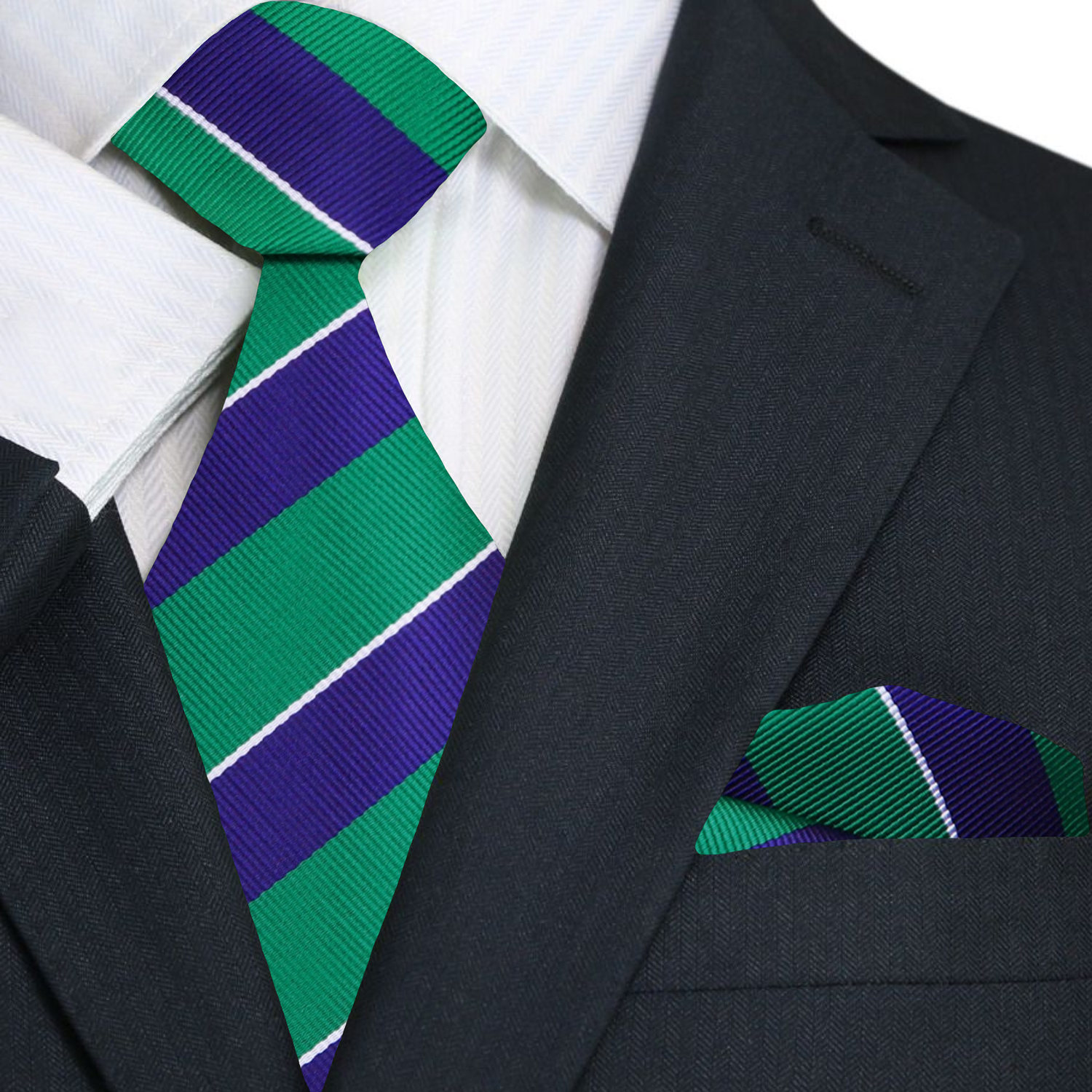 A Dark Blue, Green Stripe Pattern Necktie, With Matching Pocket Square