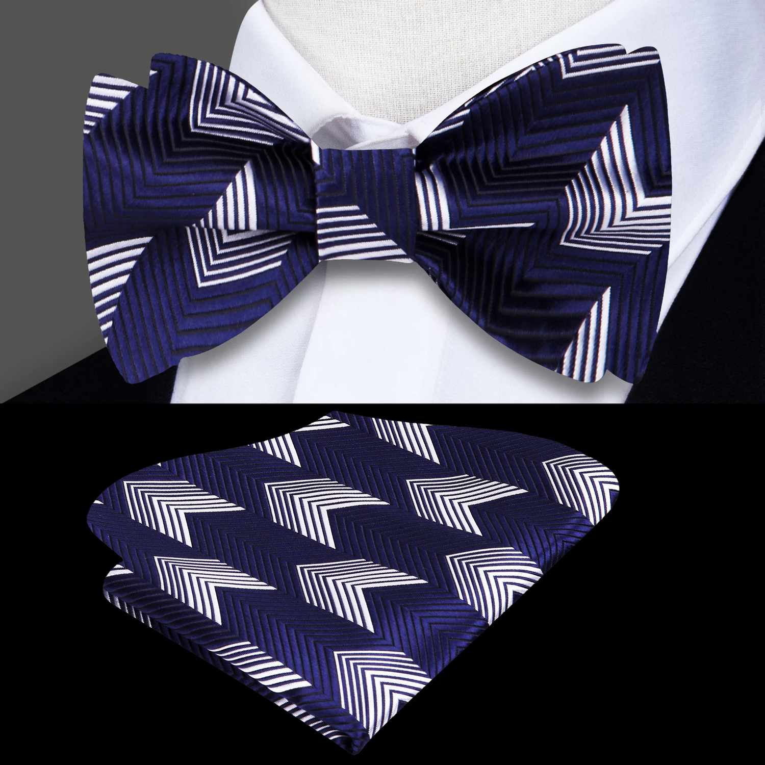 Blue Grey Lines Bow Tie and Pocket Square||Blue