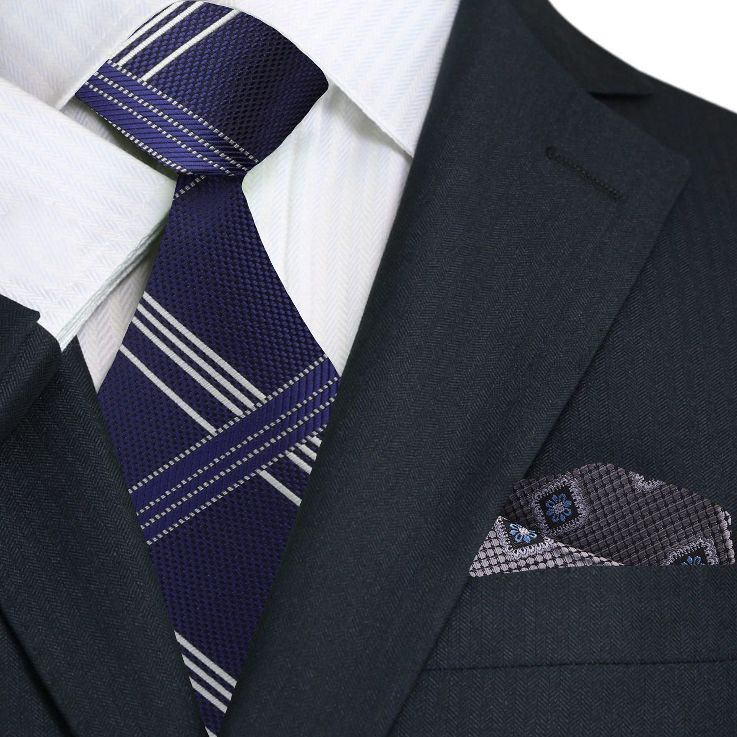 Premium Deep Blue Grey Intersecting Lines Tie and Accenting Pocket Square