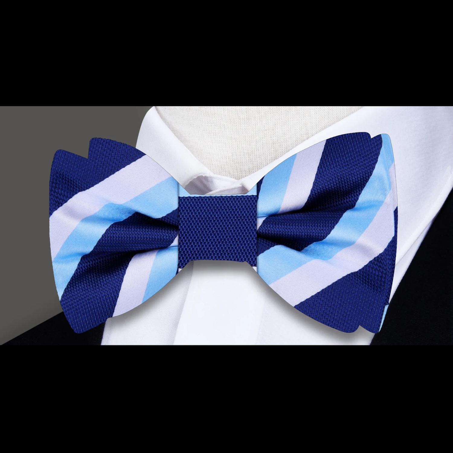 Blue, Light Blue and White Block Stripe Bow Tie