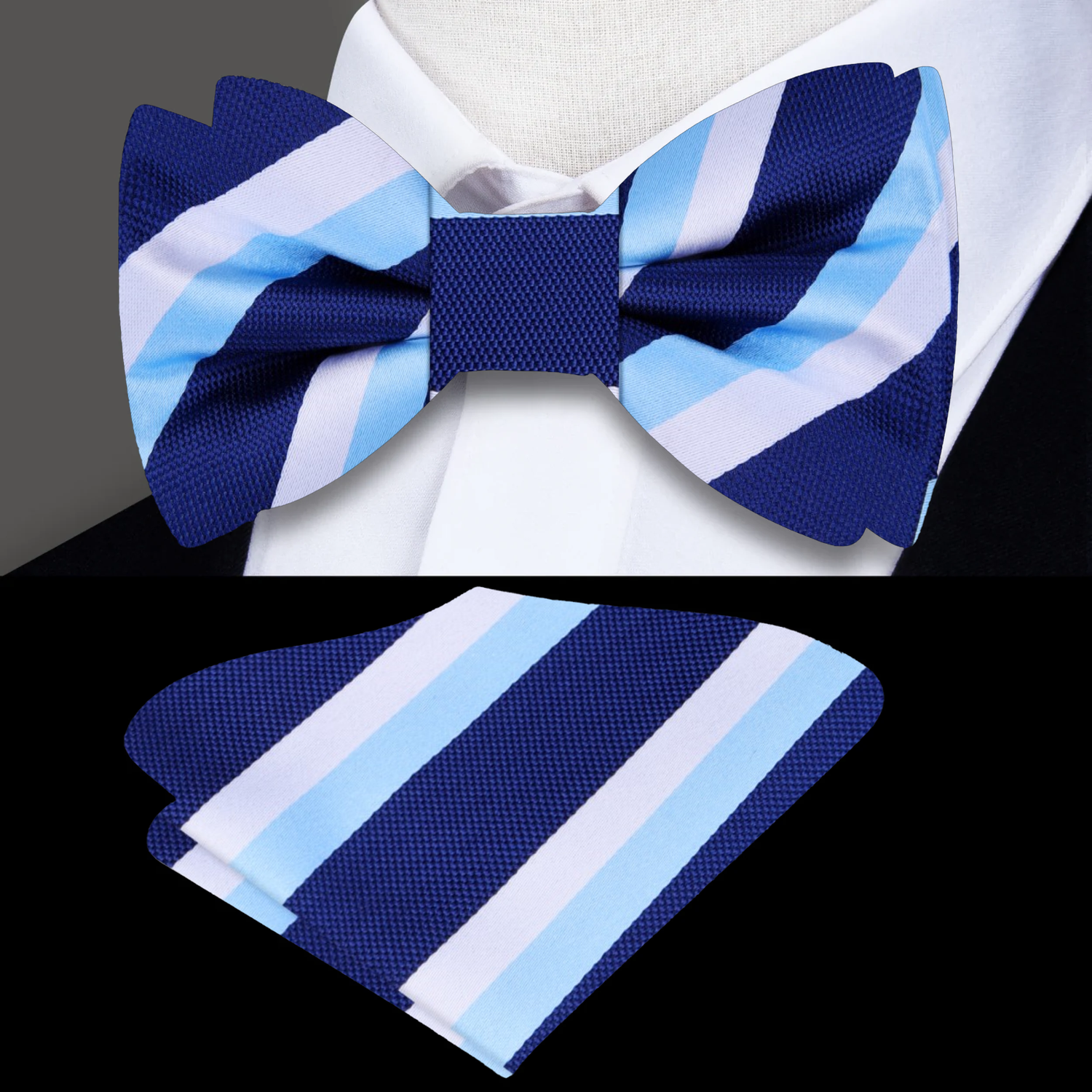 Blue, Light Blue and White Block Stripe Bow Tie and Square