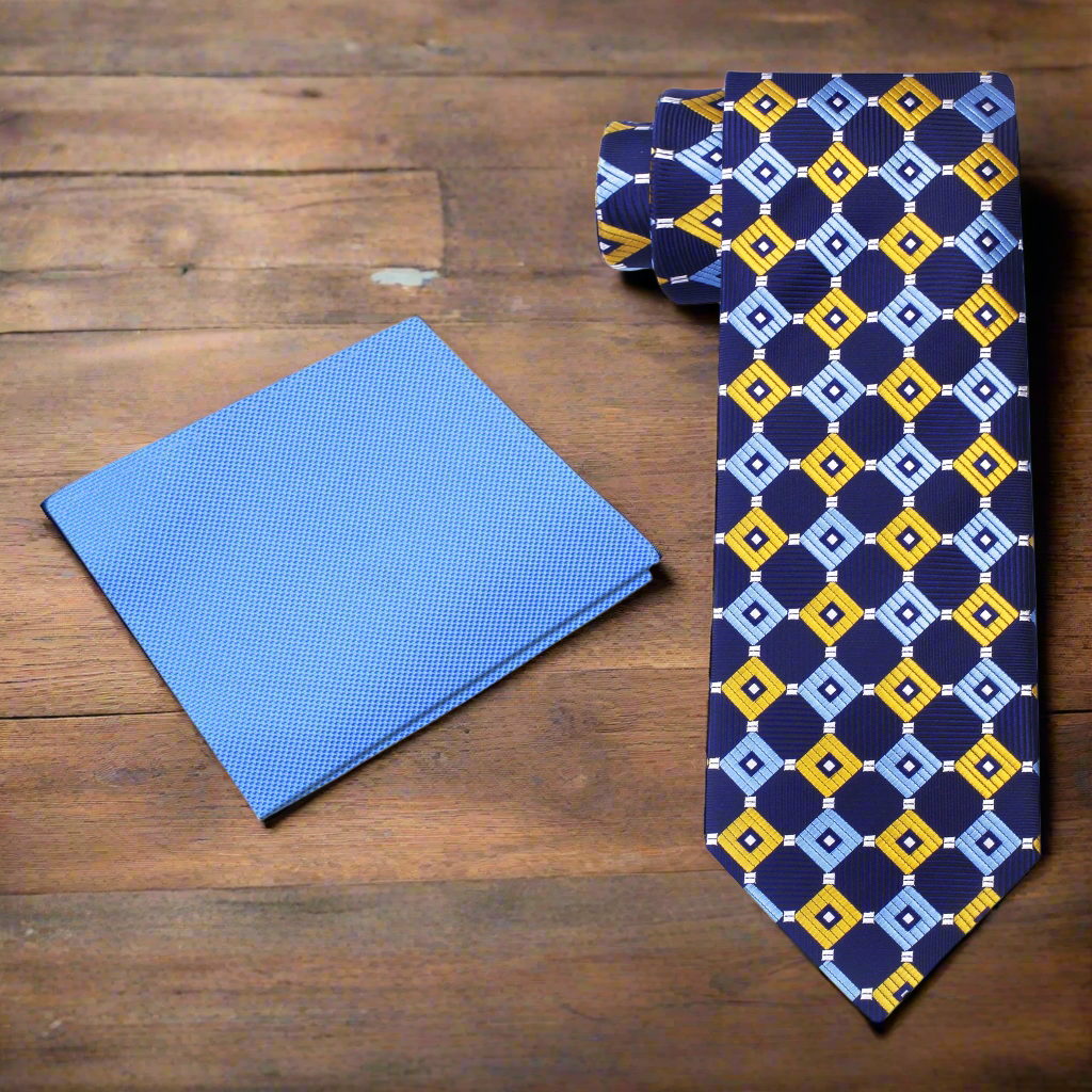Blue patterned tie and matching pocket square on a white background