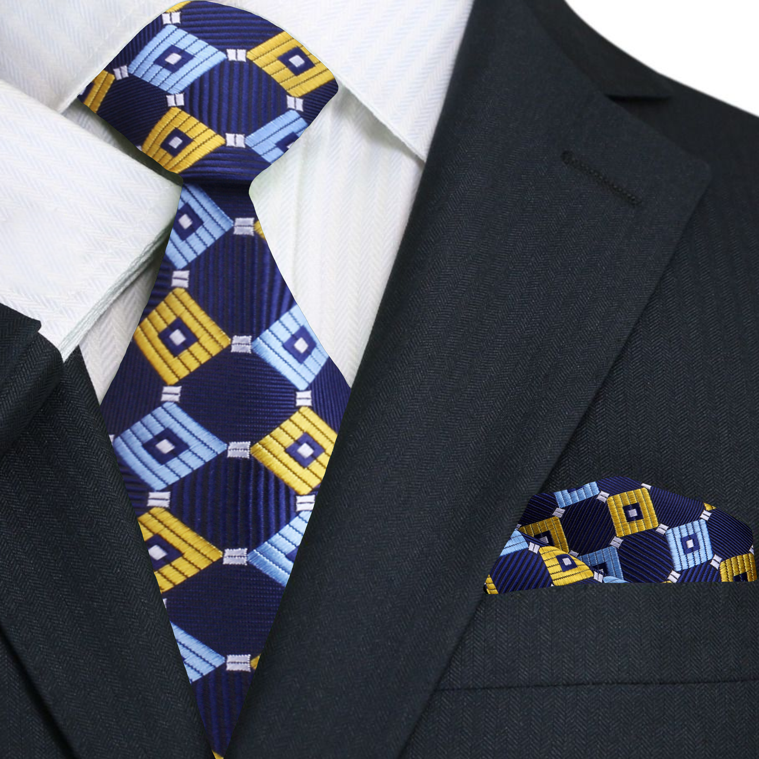 Blue, Yellow Geometric Necktie and Square
