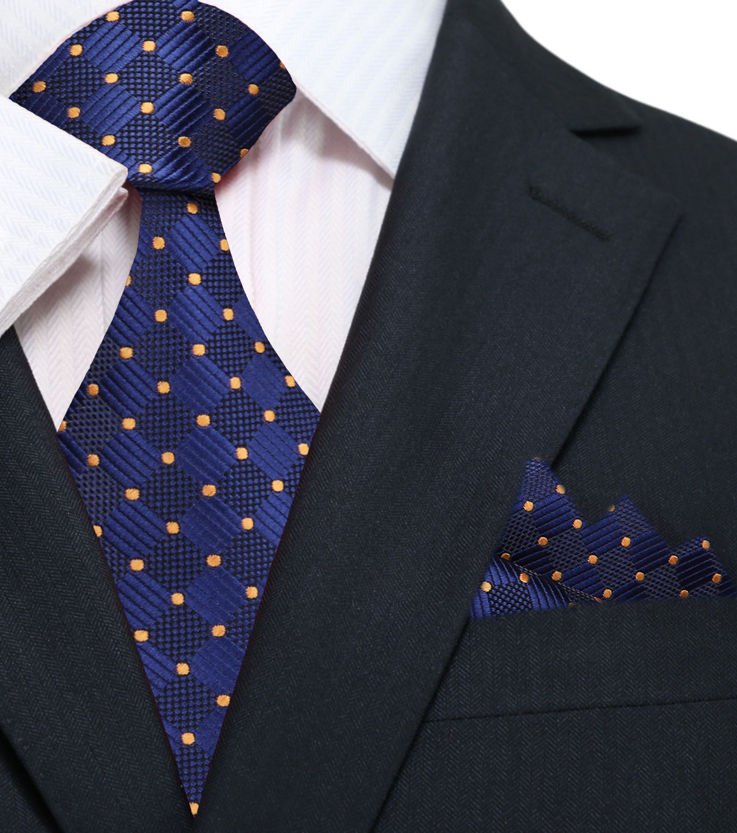 Main: A Dark Blue Geometric Diamond With Small Dots Pattern Silk Necktie With Matching Pocket Square||Deep Blue, Golden Orange