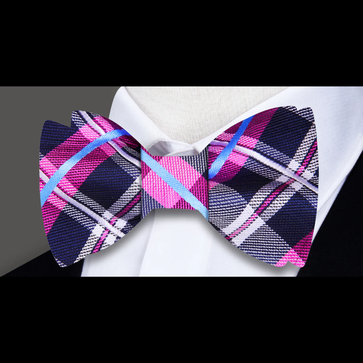 Black, Deep Pink, Light Blue Plaid Bow tie