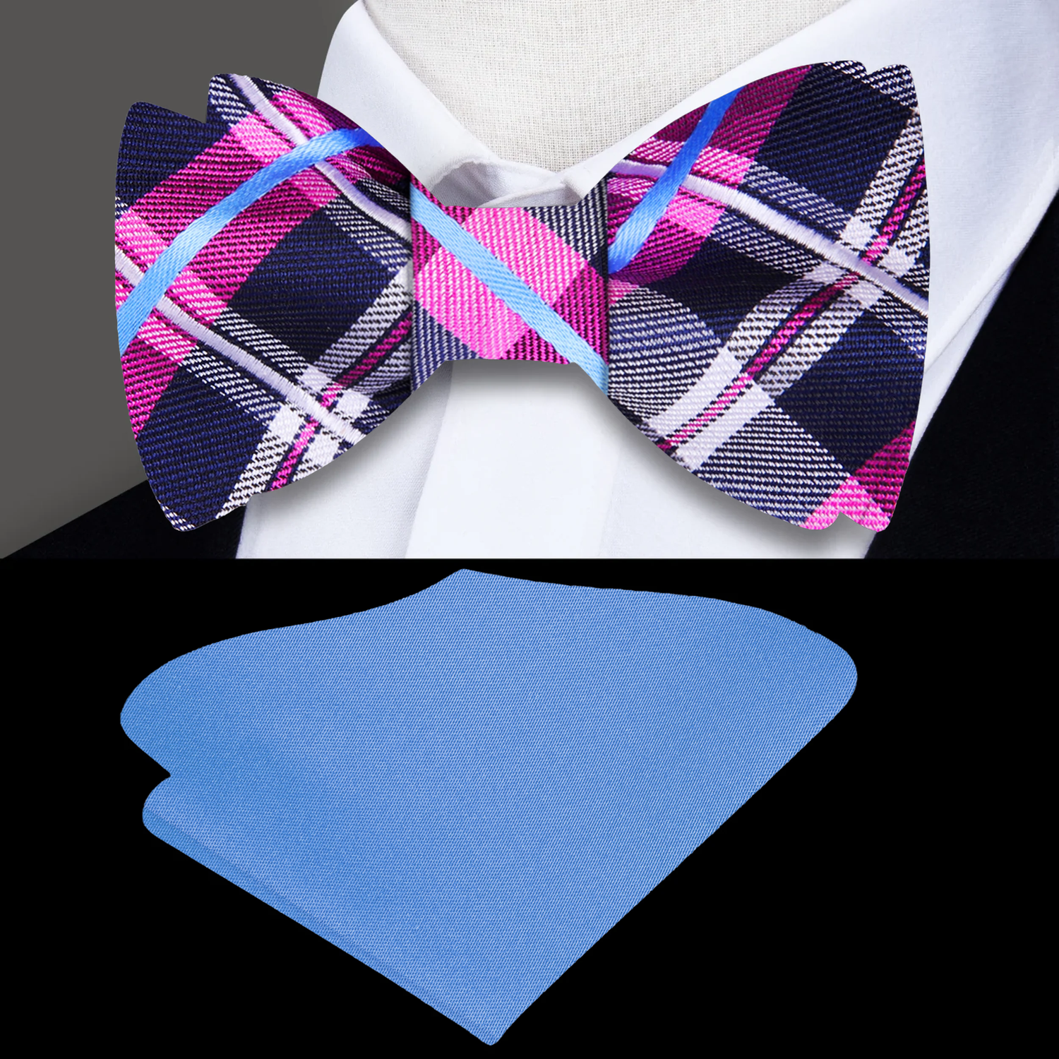 Black, pink, blue plaid bow tie and blue pocket square||Black, Deep Pink, Light Blue