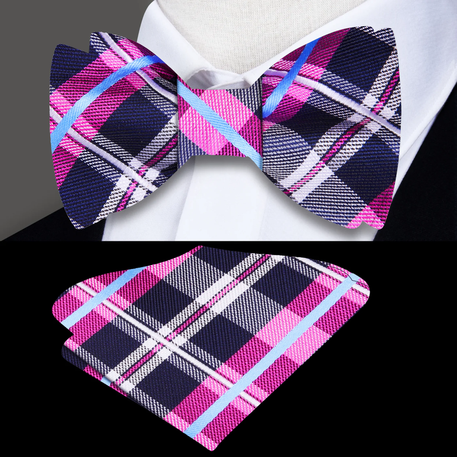 Black, pink, blue plaid bow tie and pocket square||Black, Deep Pink, Light Blue