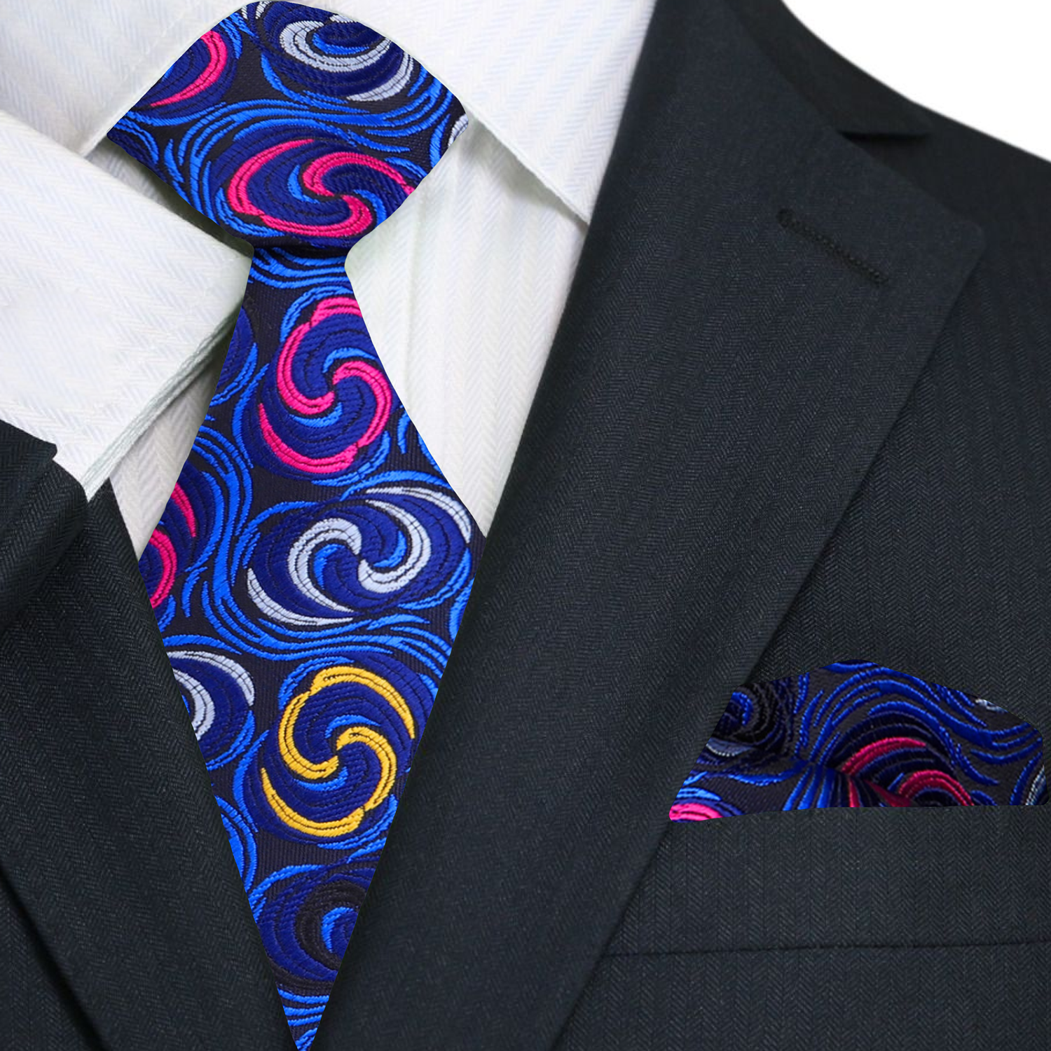 Dark Blue Pink Yellow Swirls Tie and Square