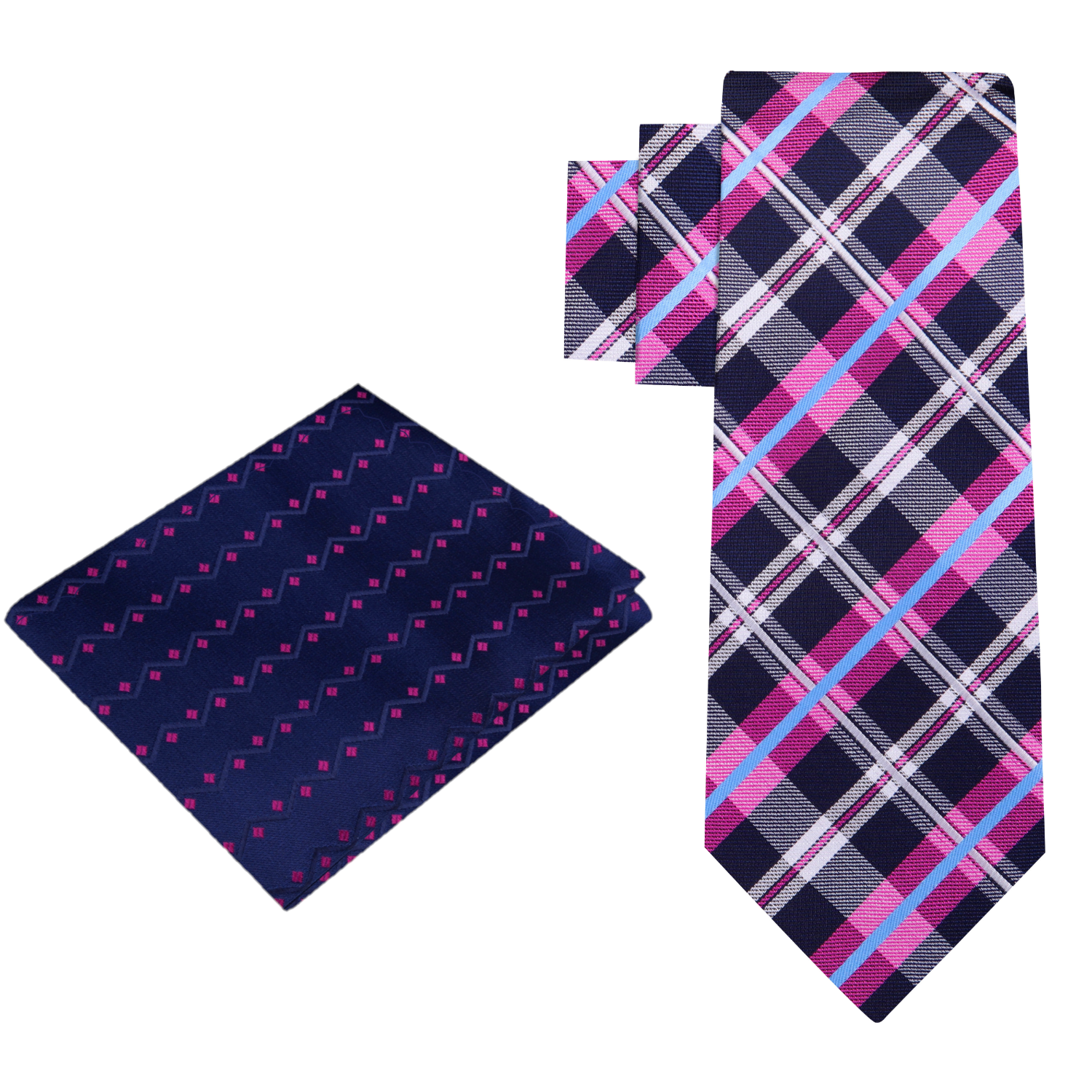 View 2: Dark Blue, Purple and Light Blue Plaid Necktie & Blue pink Check Square
