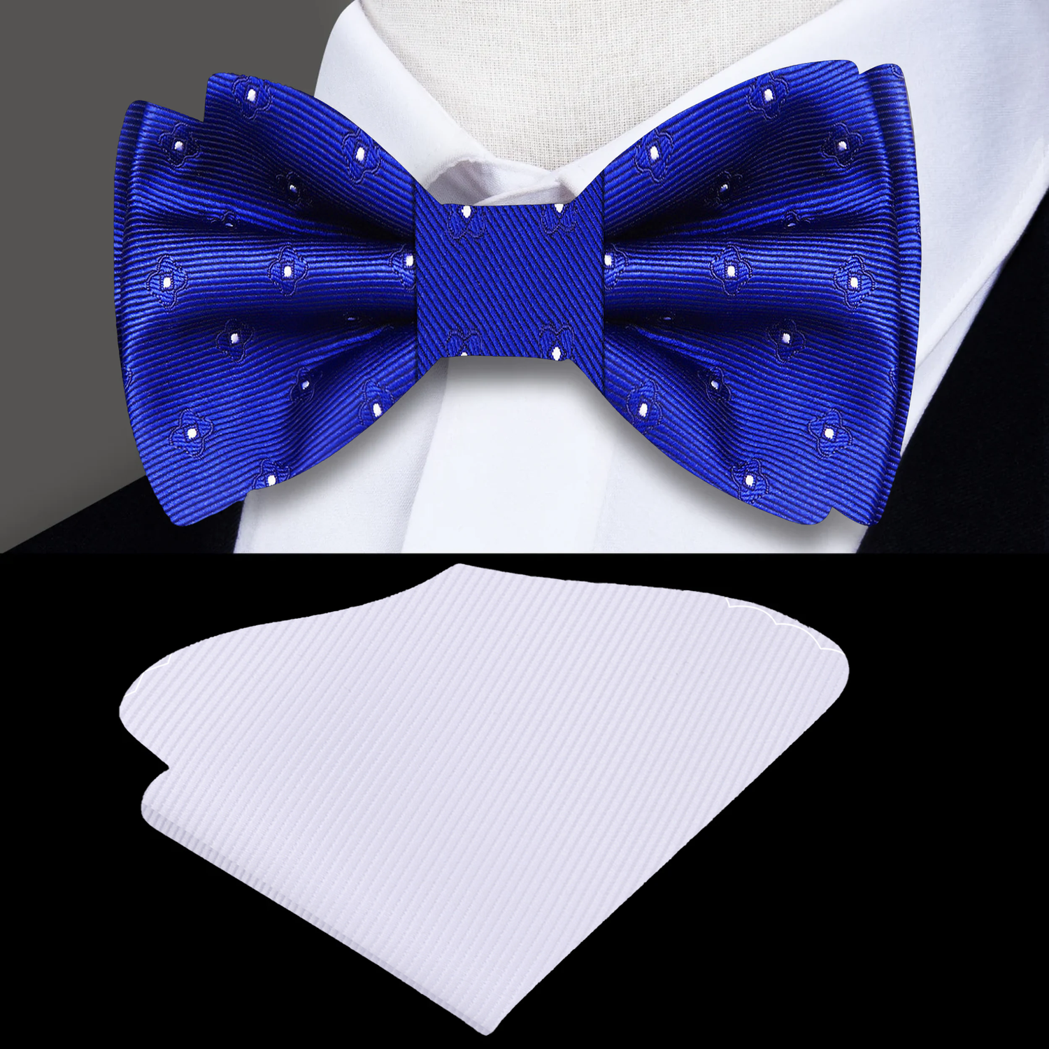 blue floral bow tie and white square