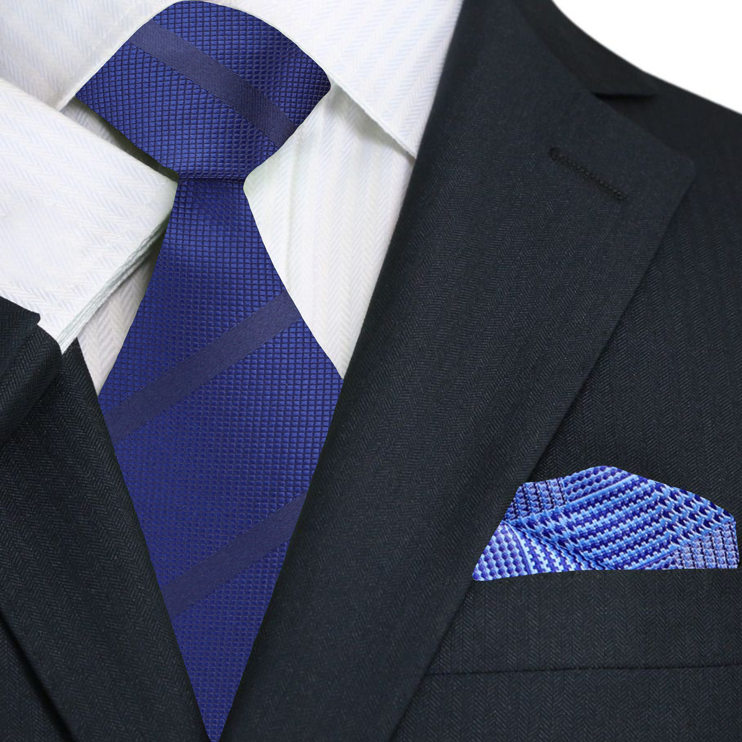 Primary Deep Blue Stripe Necktie and Light Blue Plaid Pocket Square
