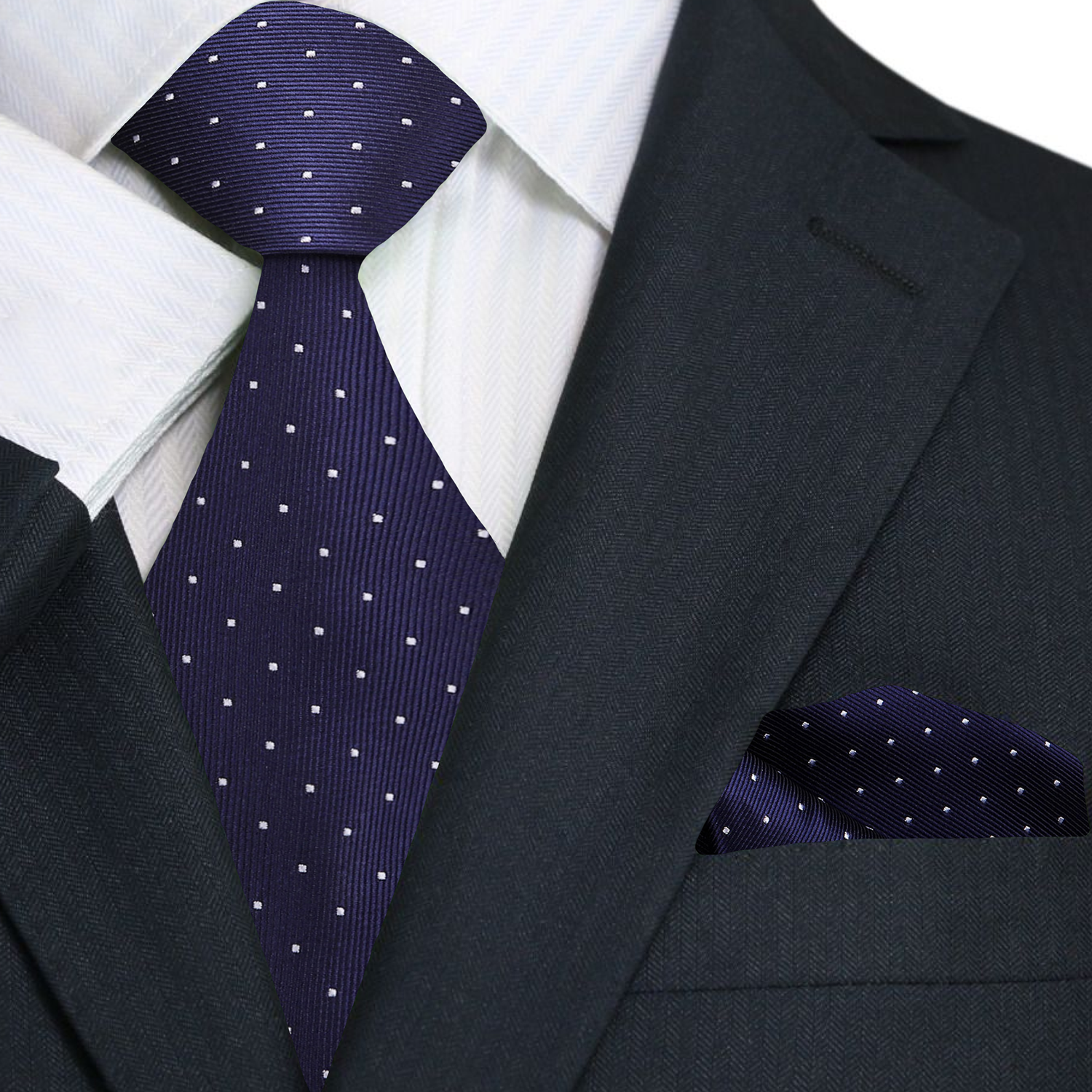 Midnight Blue and White Polka Tie and Pocket Square