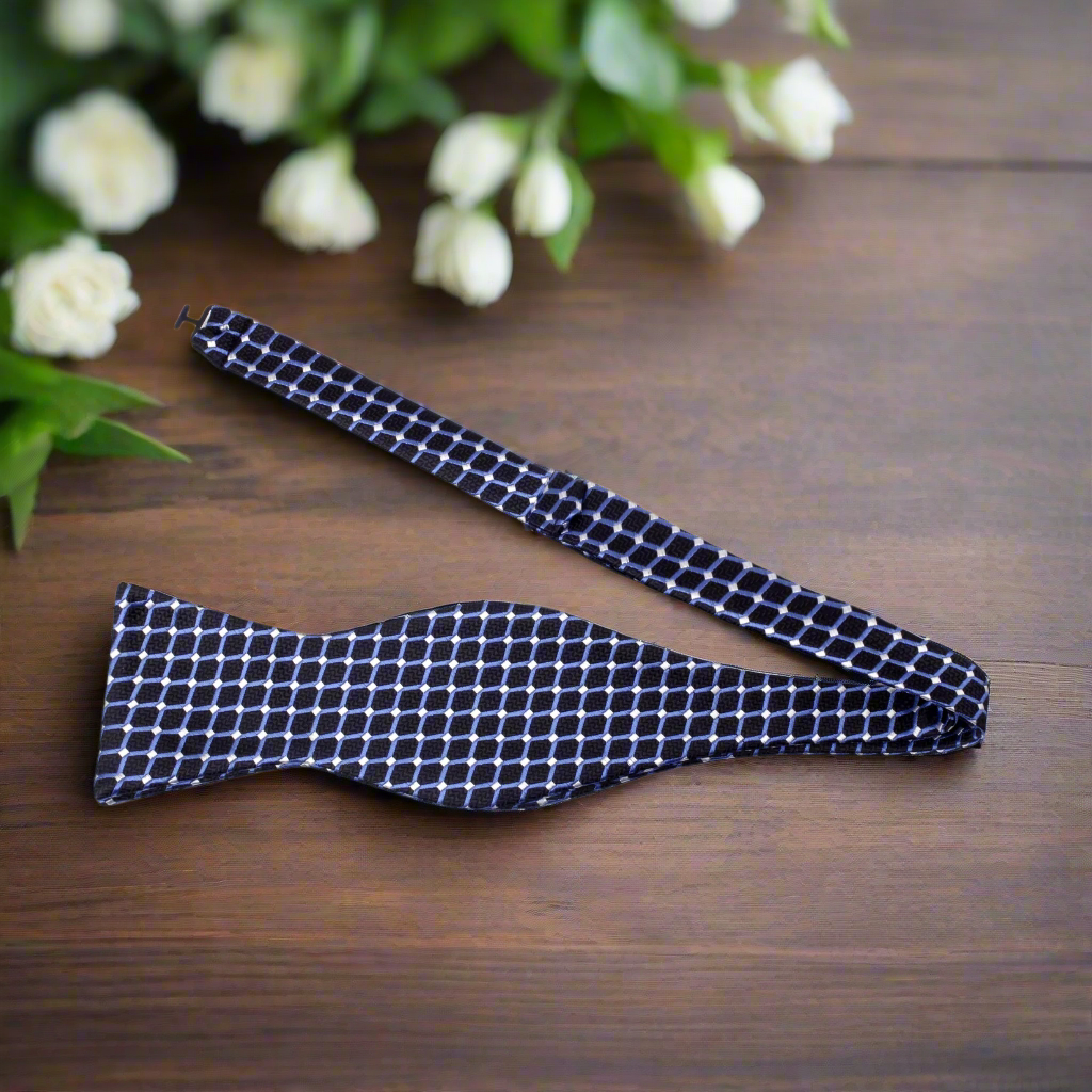 Dark Blue White Geometric Self Tie Bow Tie