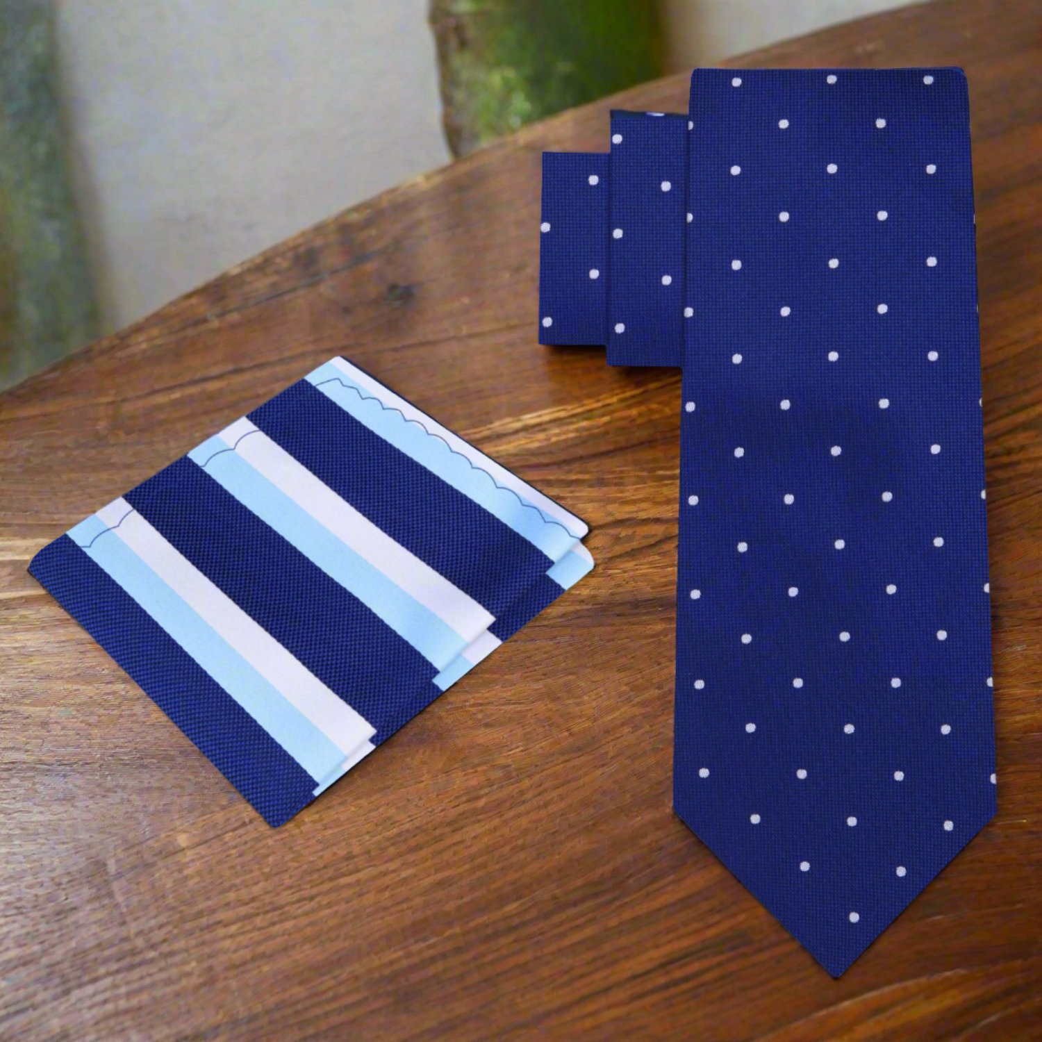 View 2: Blue, White Small Polka Dot Tie and Accenting Pocket Square