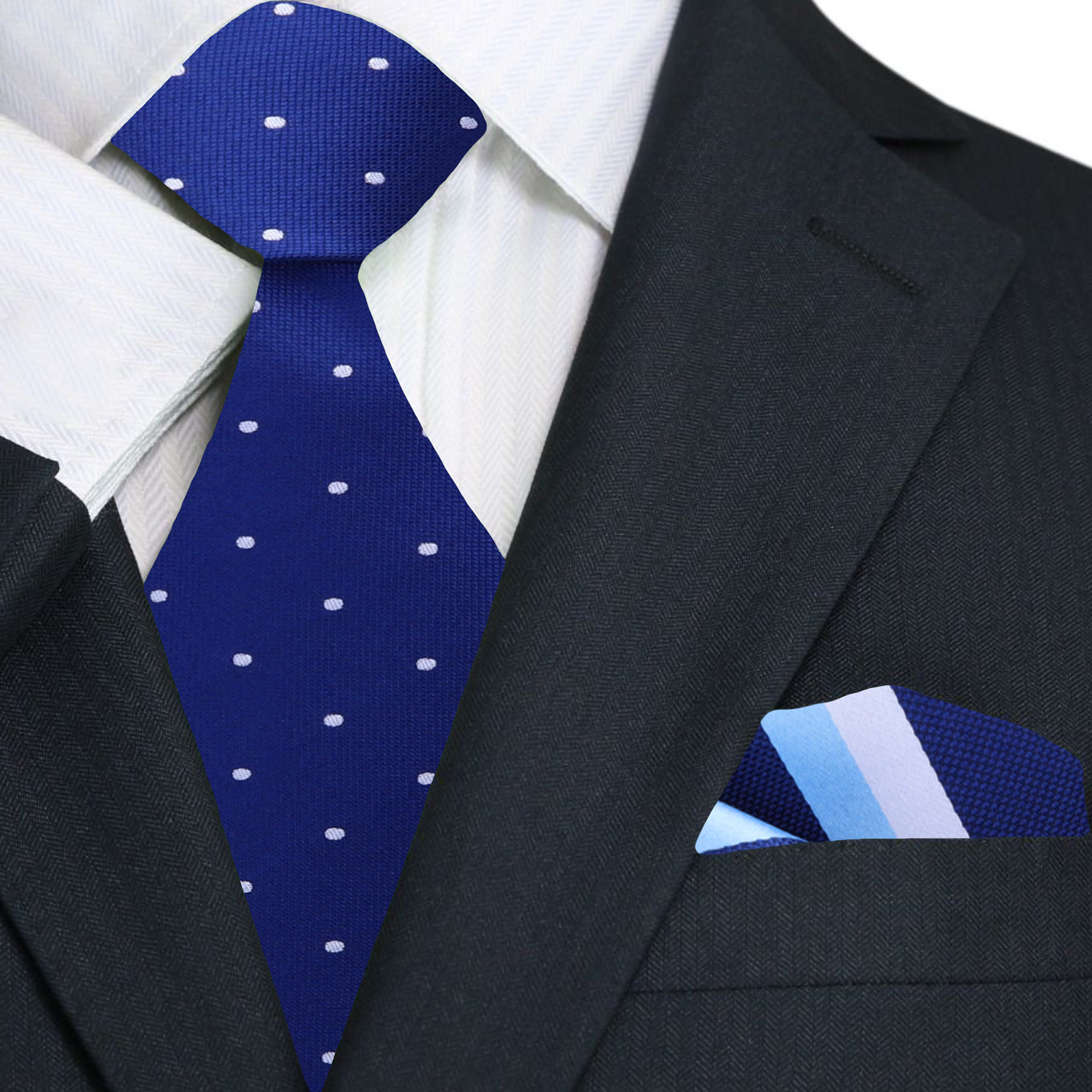 Premium Blue, White Small Polka Dot Tie and Accenting Pocket Square