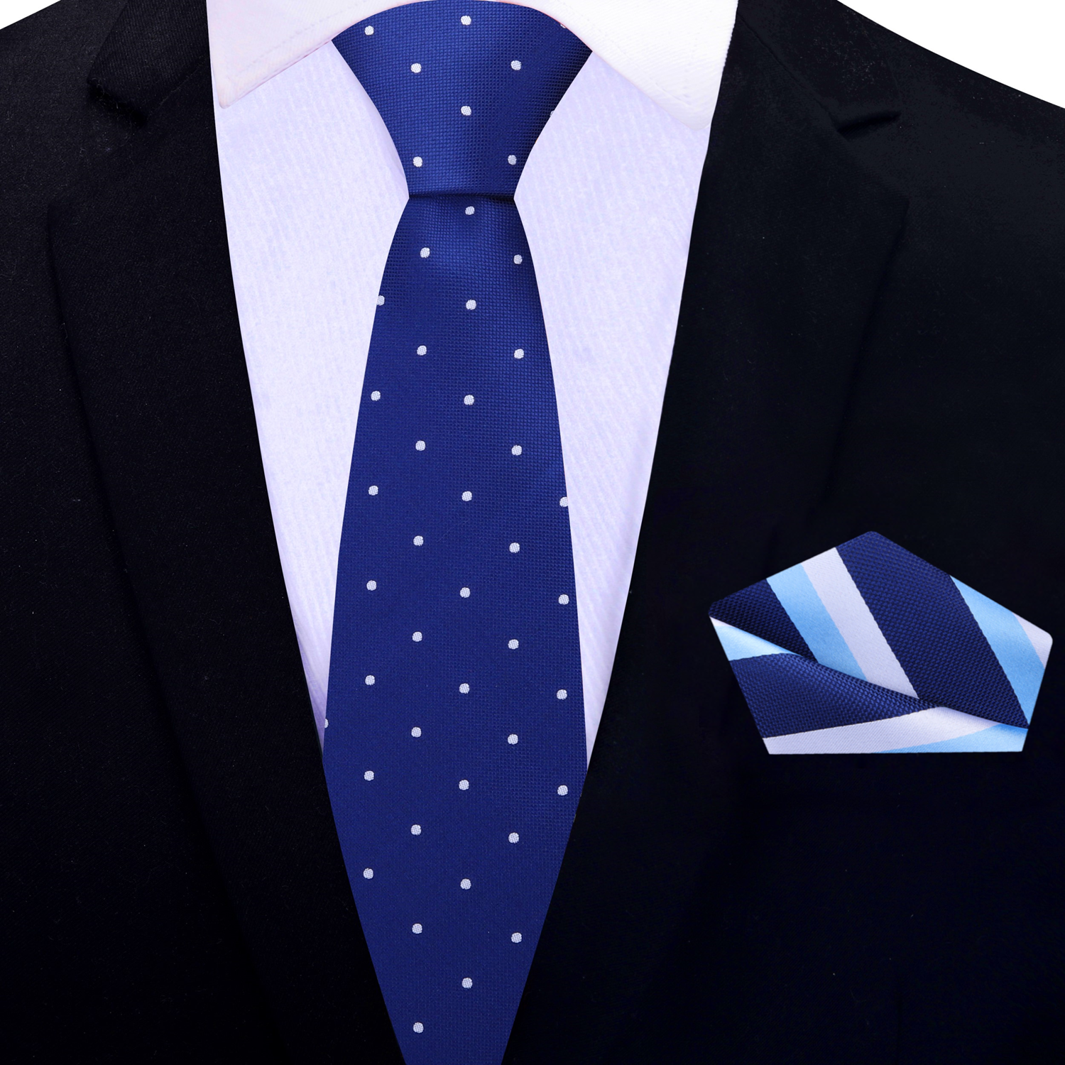 Thin Blue, White Small Polka Dot Tie and Accenting Pocket Square