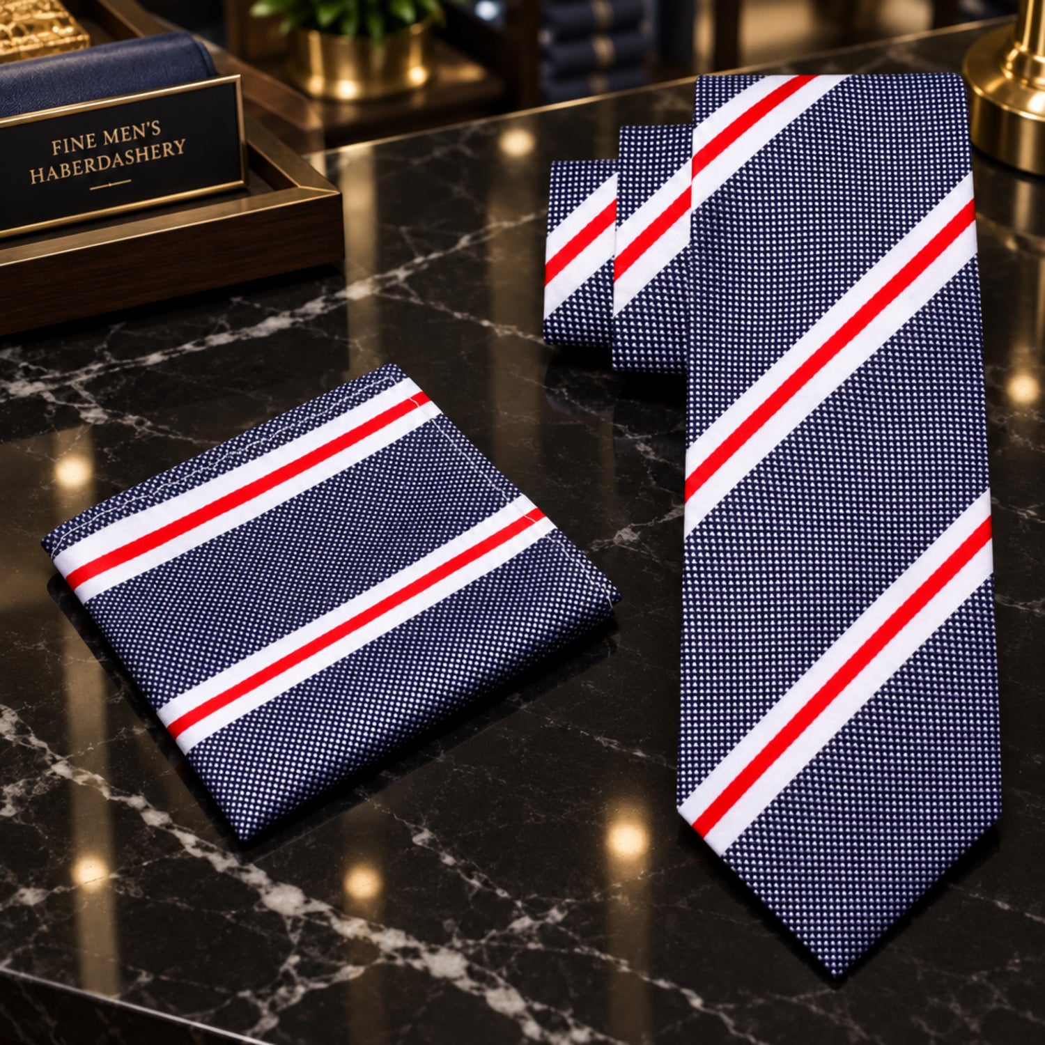 Dark Blue White Red Stripe Tie and Square