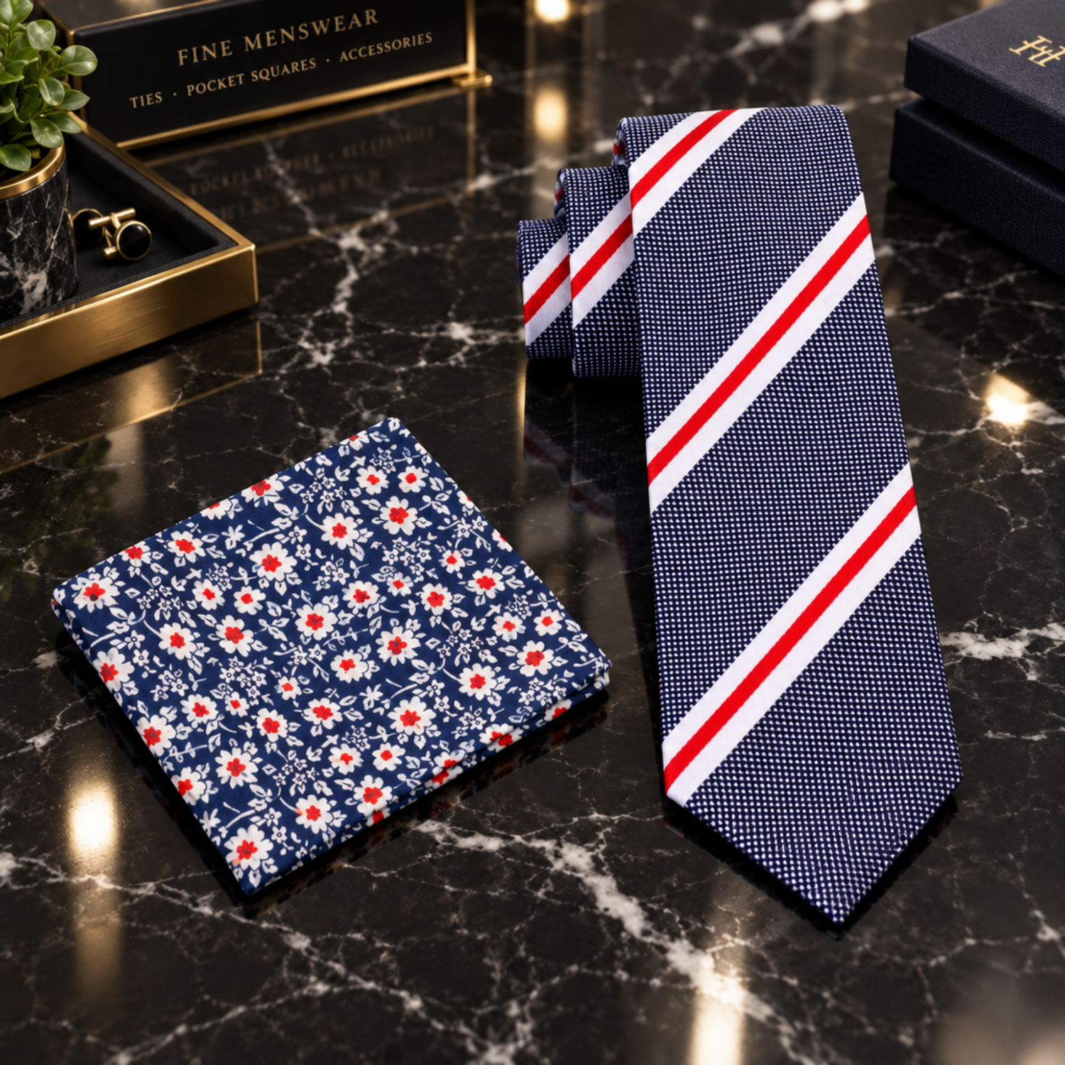 Dark Blue White Red Stripe Tie and Accenting Square