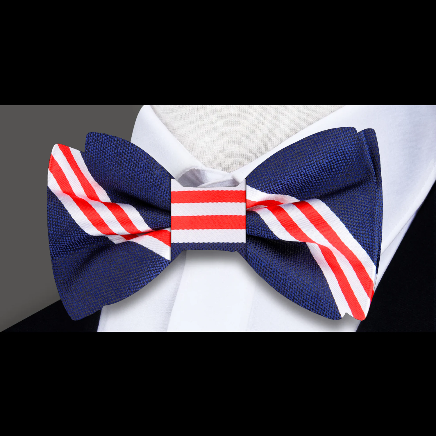 Dark Blue White Red Stripe Double Play Bow Tie 