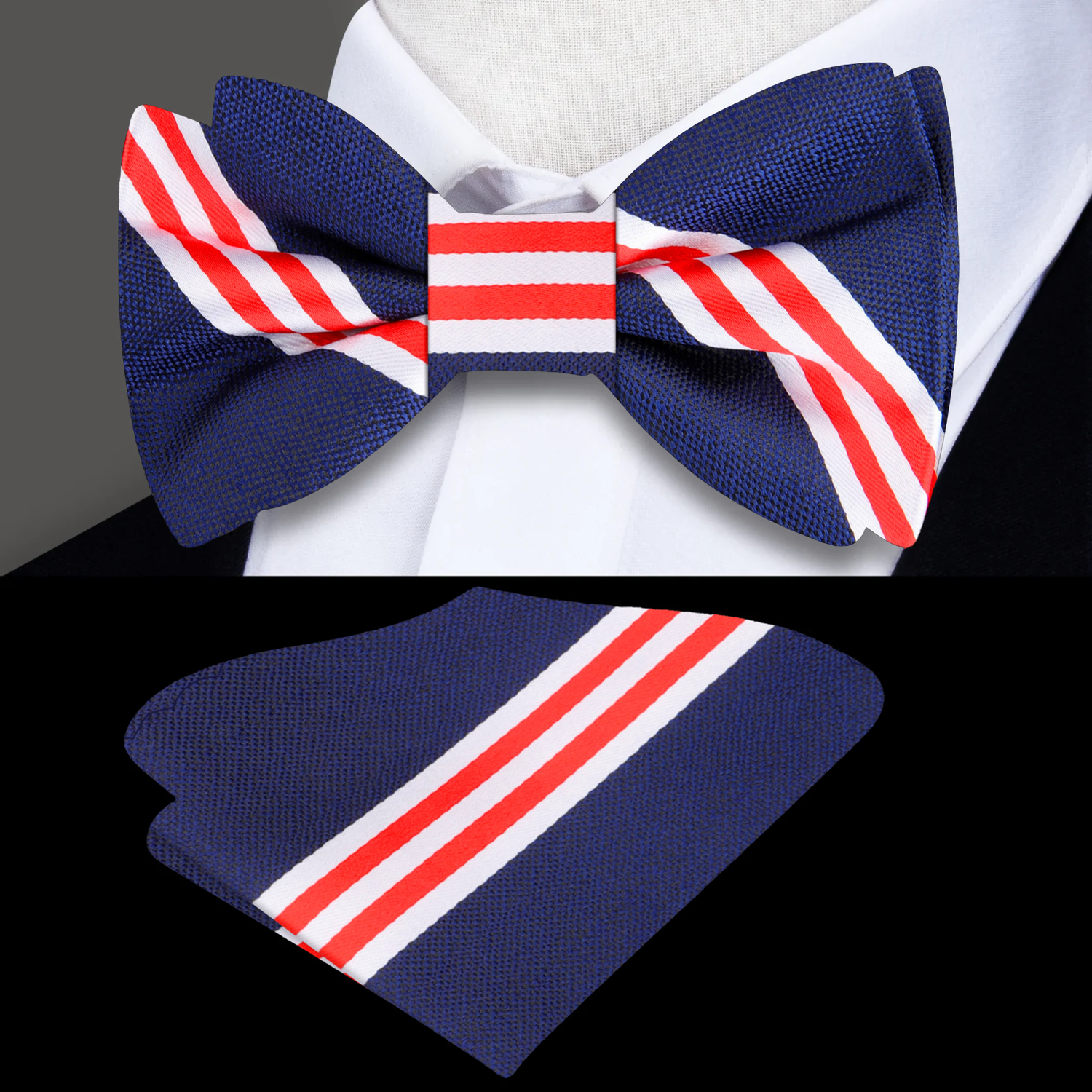 Dark Blue White Red Stripe Double Play Bow Tie and Square