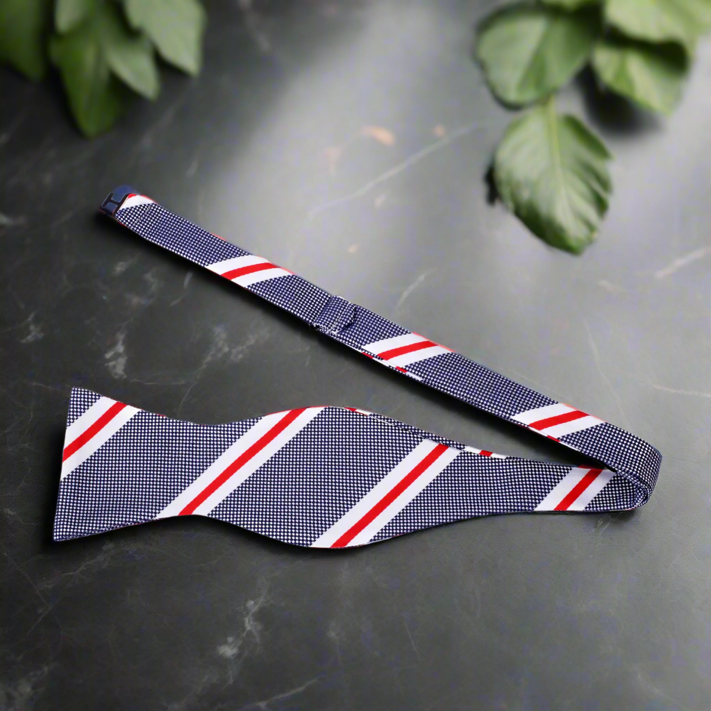 Dark Blue White Red Stripe Self Tie Bow Tie