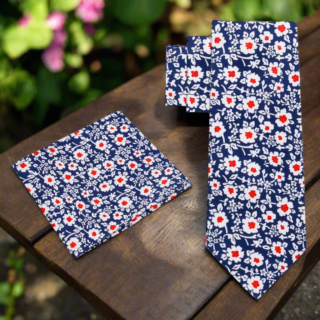 Alt: Blue, Red and White Simple Flowers Tie and Square