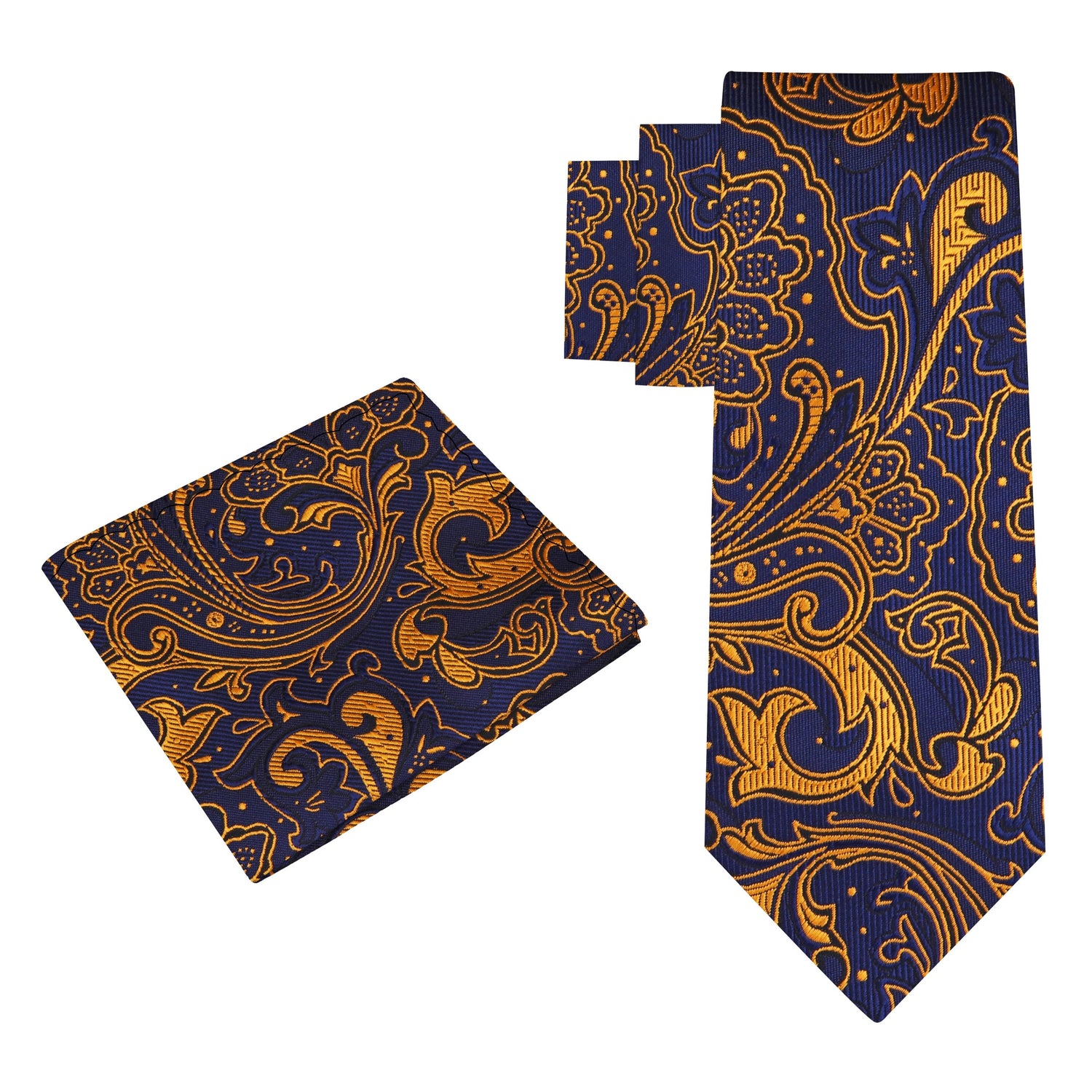 Alt View: A Dark Blue, Gold Abstract Paisley Pattern Silk Necktie, Pocket Square