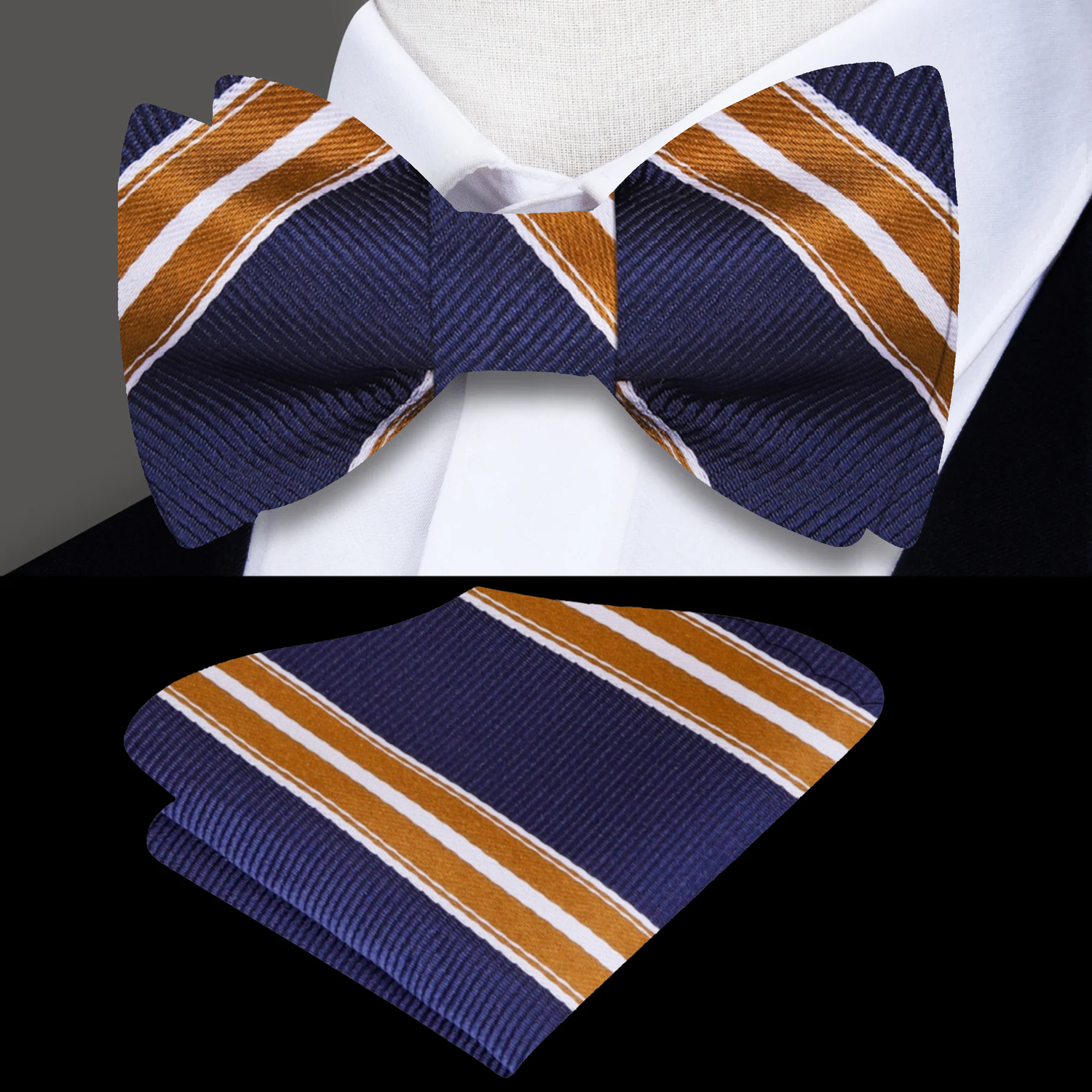 Main: Dark Blue, Brass Stripe Bow Tie and Pocket Square
