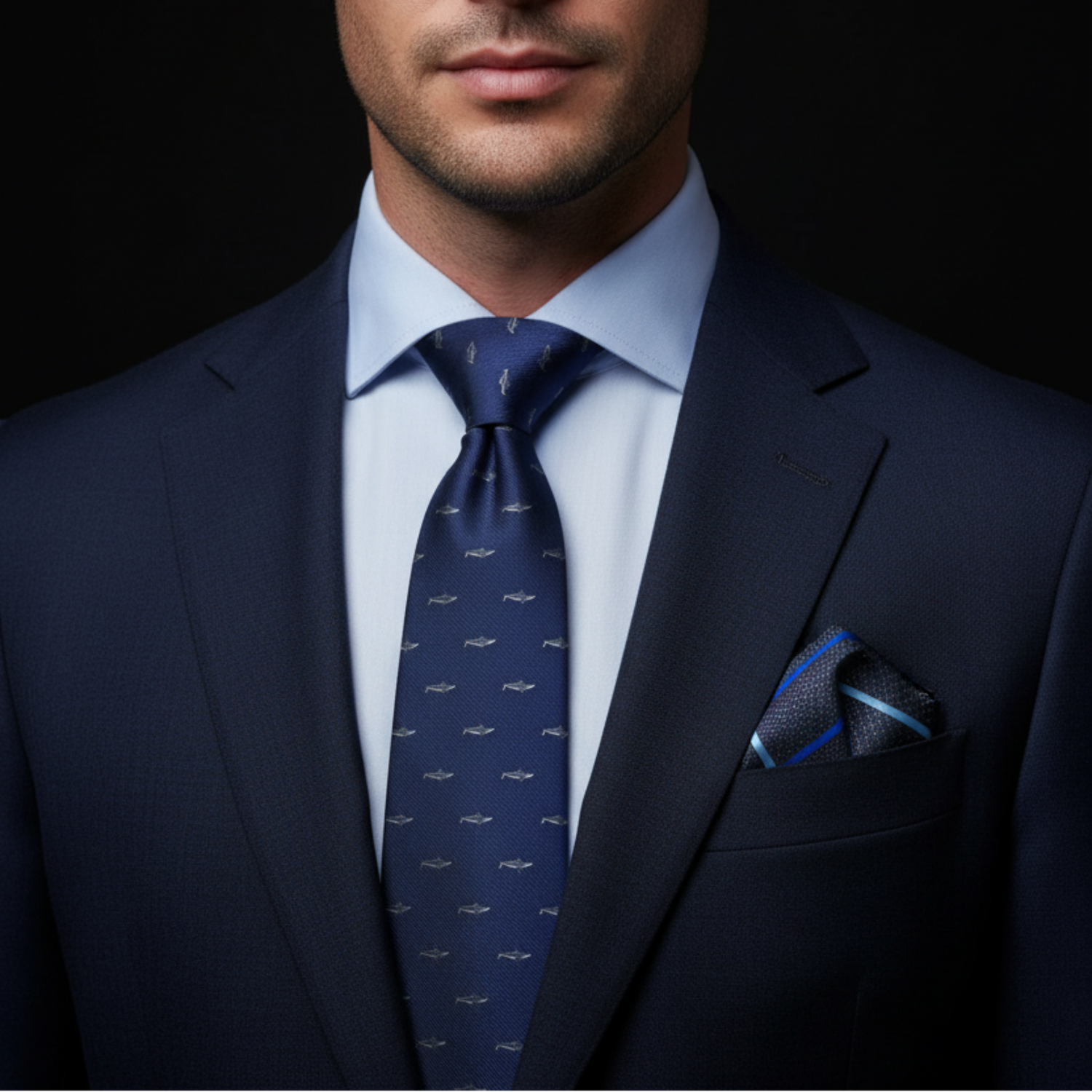 Blue Great White Shark Tie and Accenting Blue Stripe Square