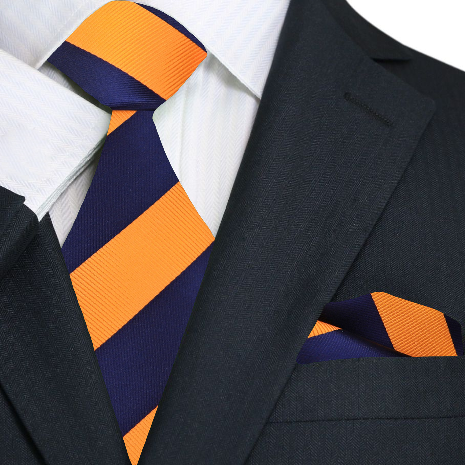 A Orange And Blue Stripe Pattern  Necktie, Matching Pocket Square