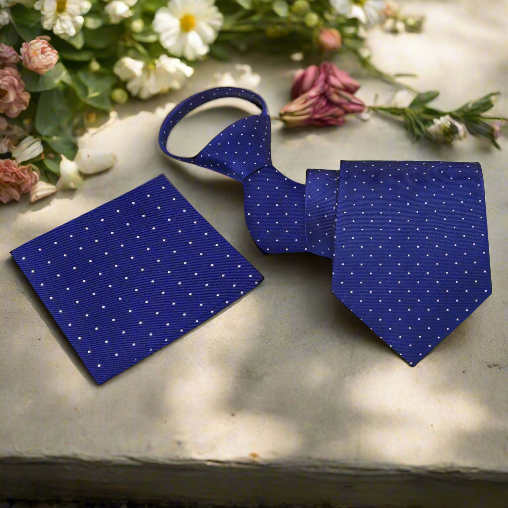 Dark Blue, White Dot Zipper Tie and Handkerchief