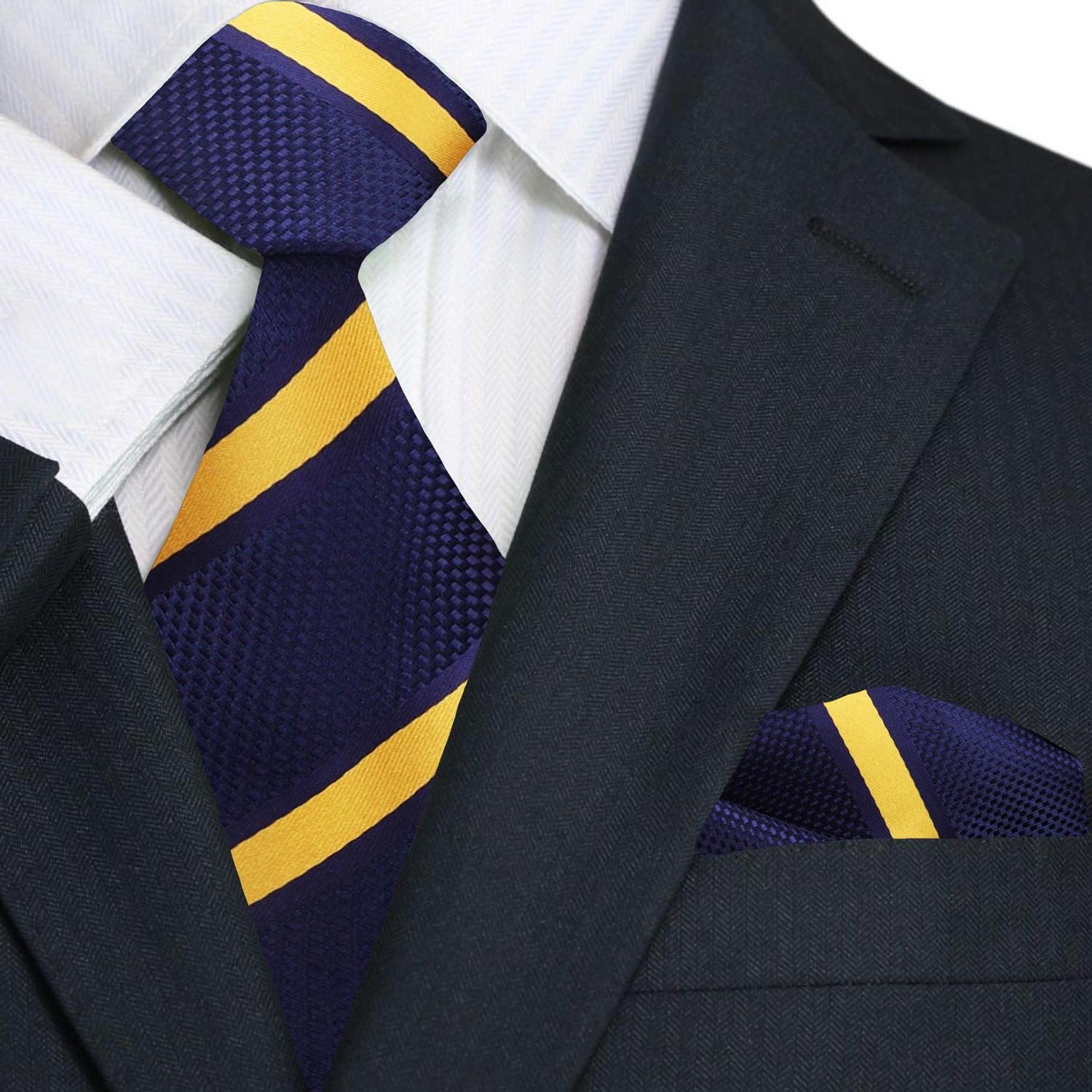 Dark Blue, Yellow Stripe Necktie and Matching Square