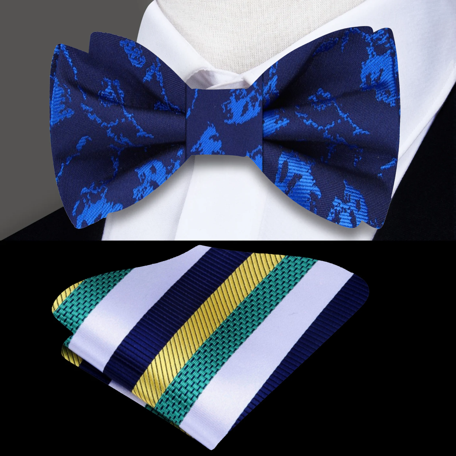Shades of Blue Abstract Bow Tie and Gold, White, Blue Stripe Square