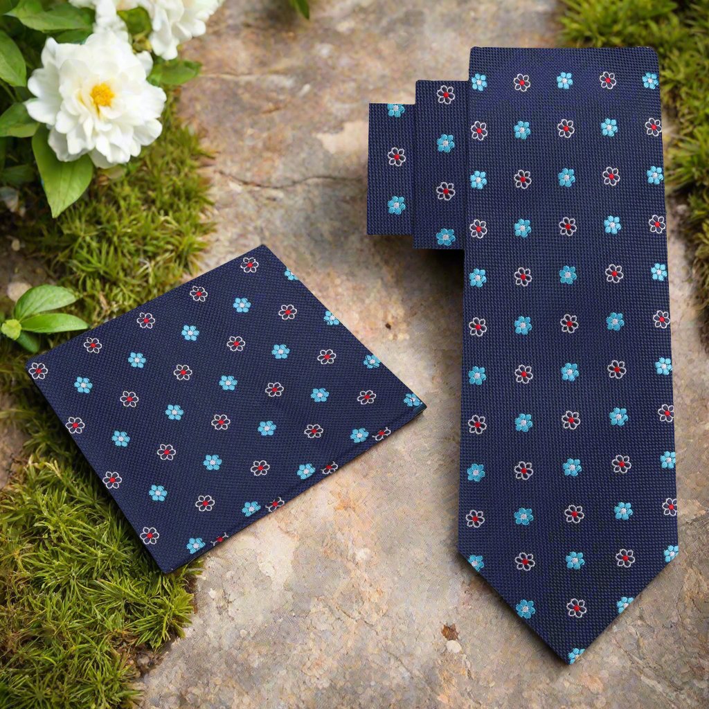 Alt View: Blue Small Flower Necktie and Pocket Square