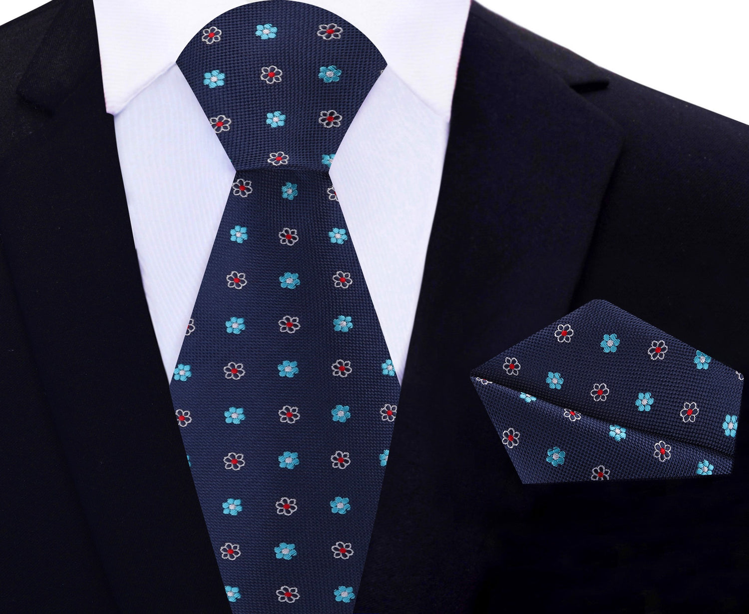 Blue Small Flower Necktie and Pocket Square