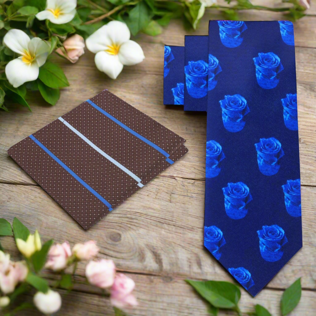 Alt View: Shades of Blue Roses Tie and Accenting Brown Stripe Pocket Square