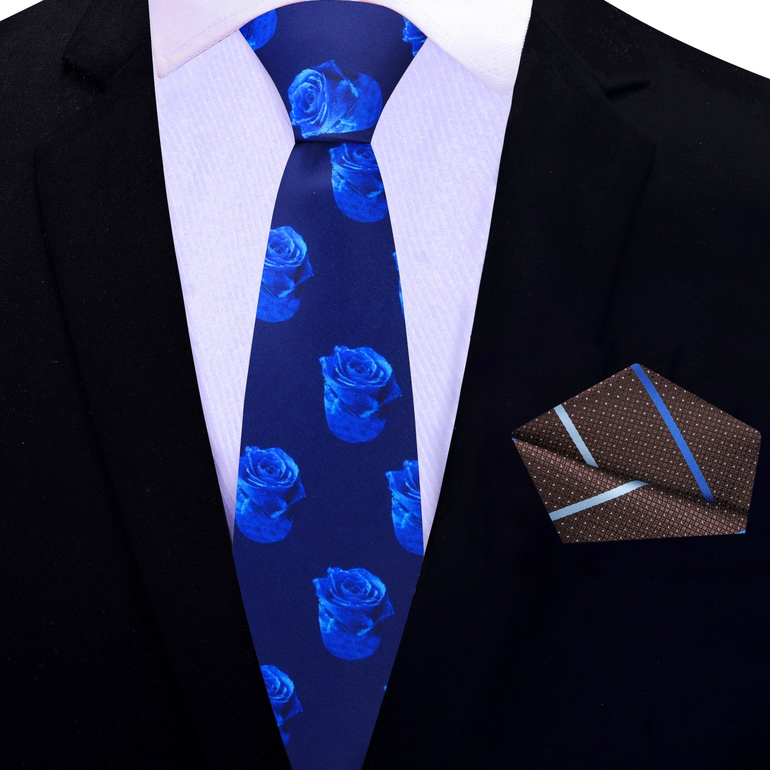 Thin: Shades of Blue Roses Tie and Accenting Brown Stripe Pocket Square