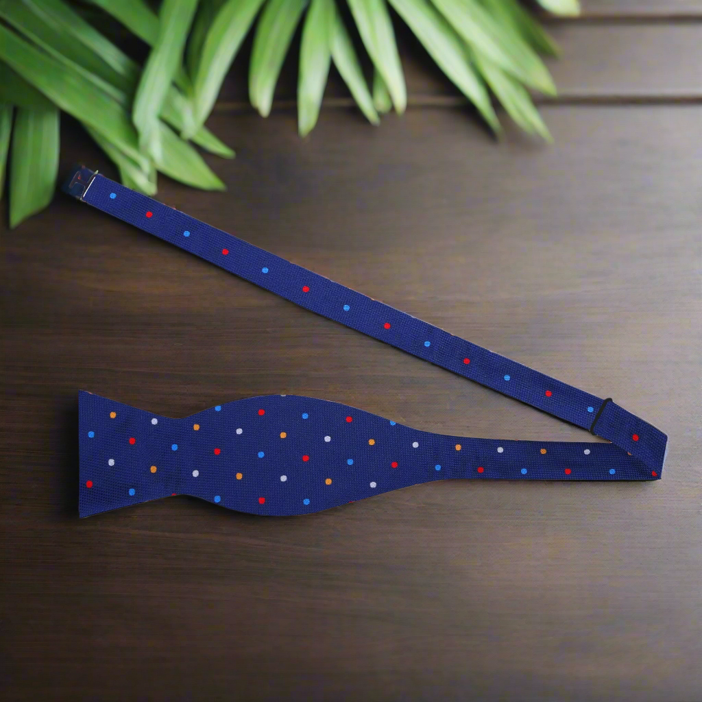 Blue with Multi Color Dots Bow Tie Self Tie