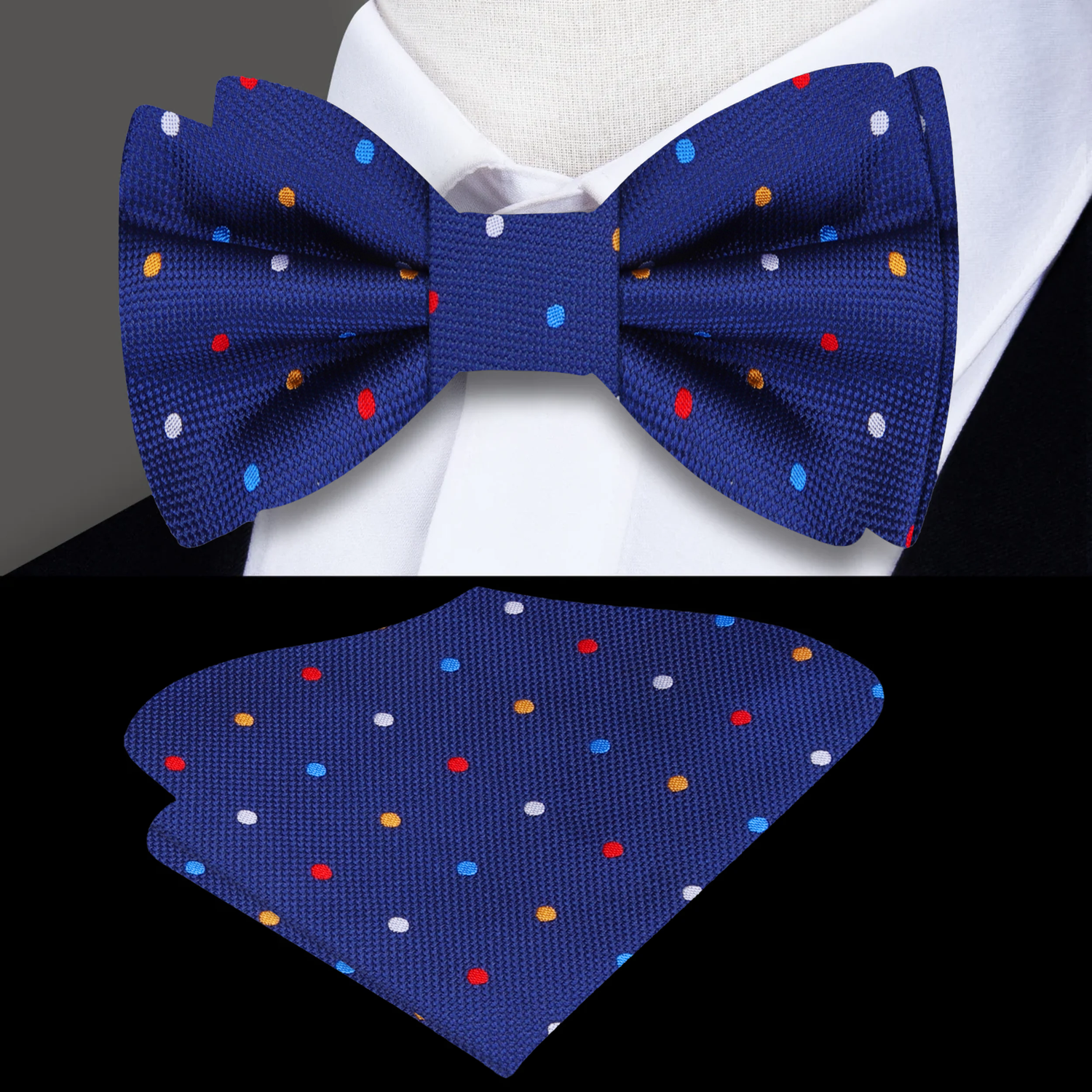 Blue with Multi Color Dots Bow Tie and Square