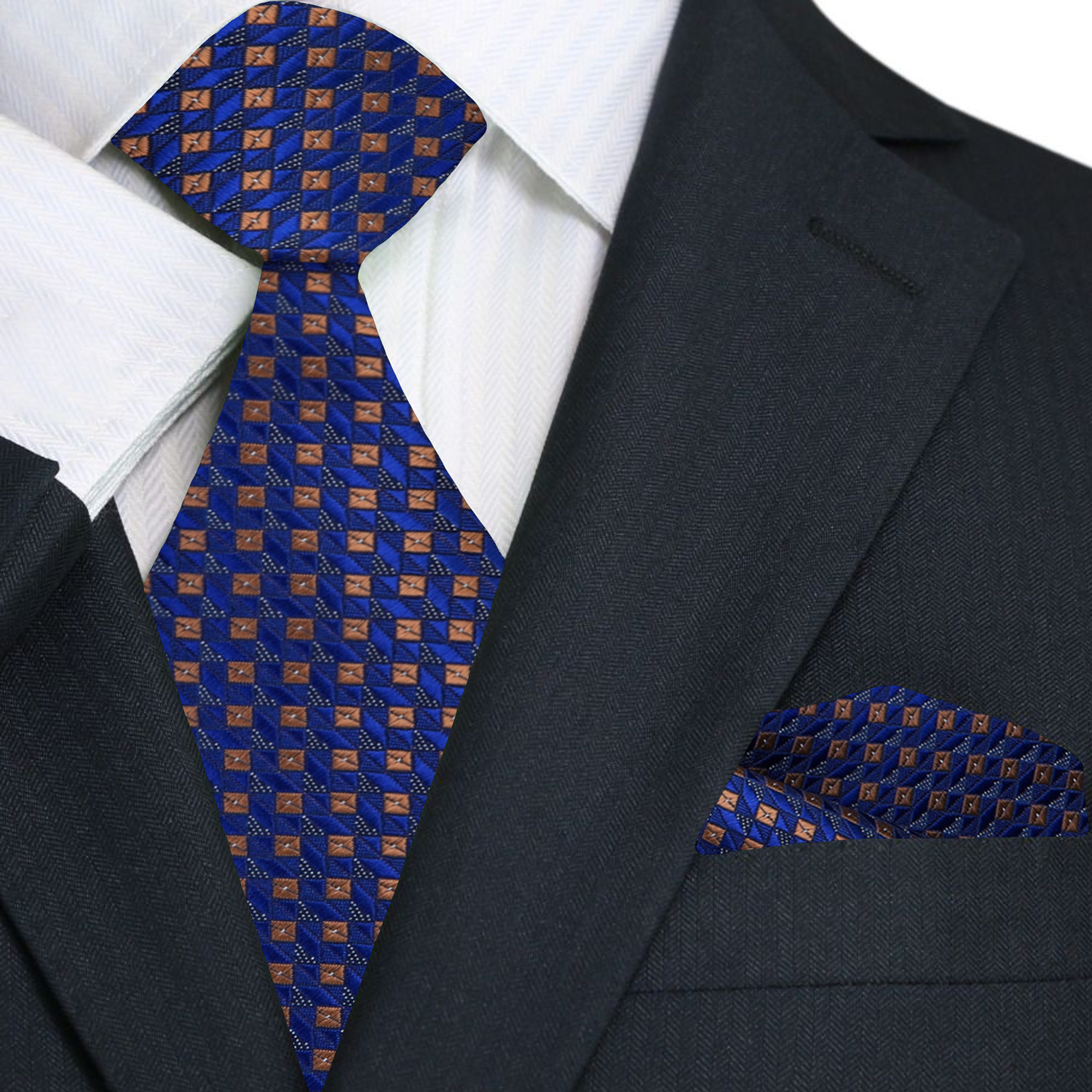 Main: A Deep Blue, Brown Check Pattern Necktie, Matching Pocket Square