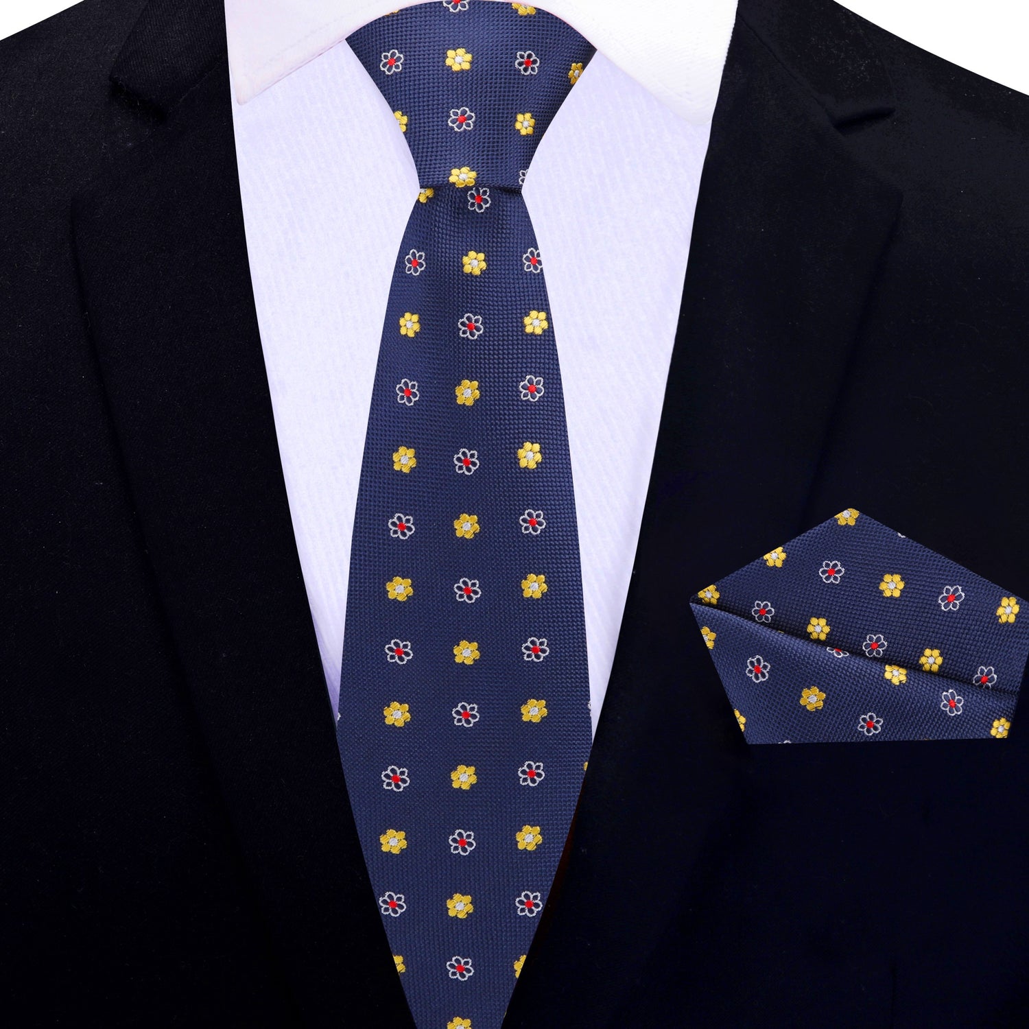 Thin Tie: Blue, Yellow and Red Small Flowers Tie and Blue and Matching Square