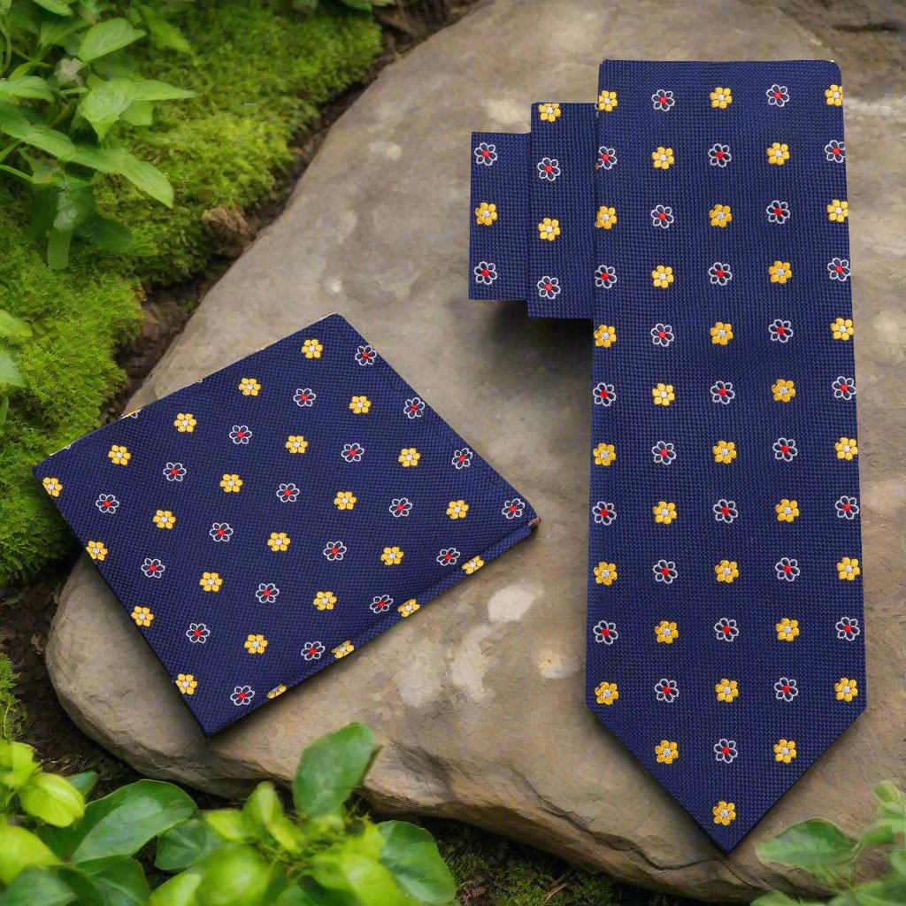 Alt View: Blue, Yellow and Red Small Flowers Tie and Blue and Matching Square