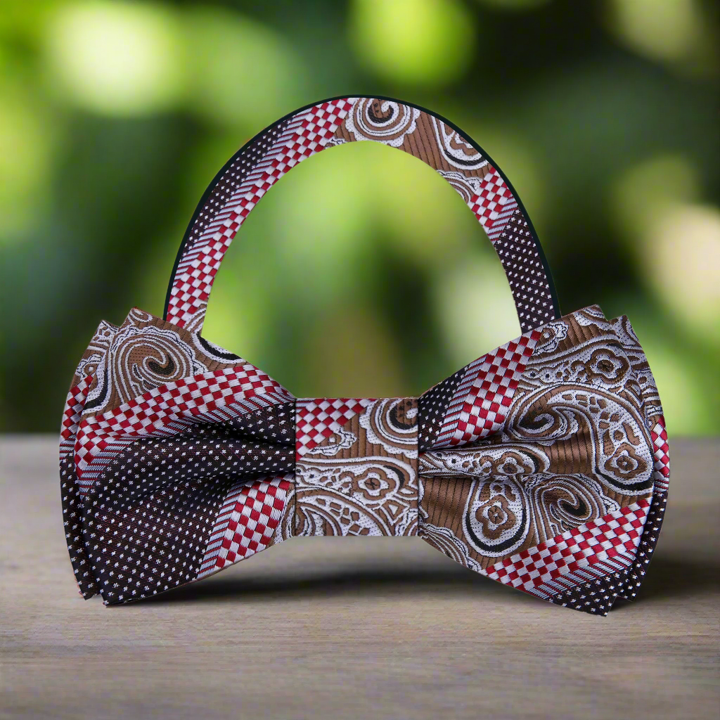 Dark Brown, Red Check and Paisley Bow Tie Pre tied