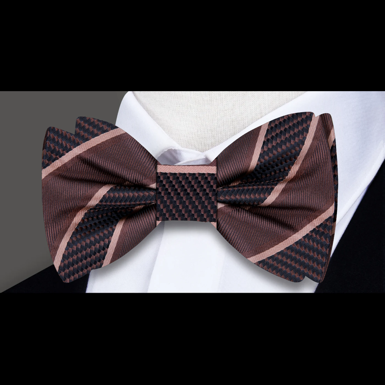 Dark Brown Block Stripe Bow Tie a 