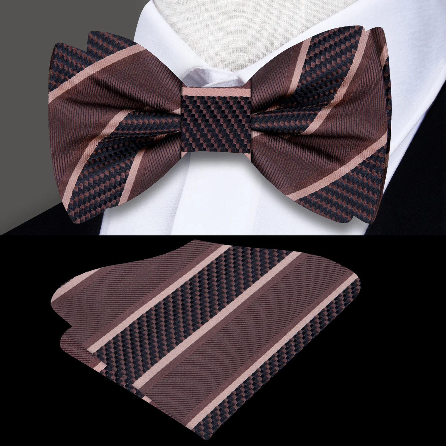 Dark Brown Block Stripe Bow Tie and Square